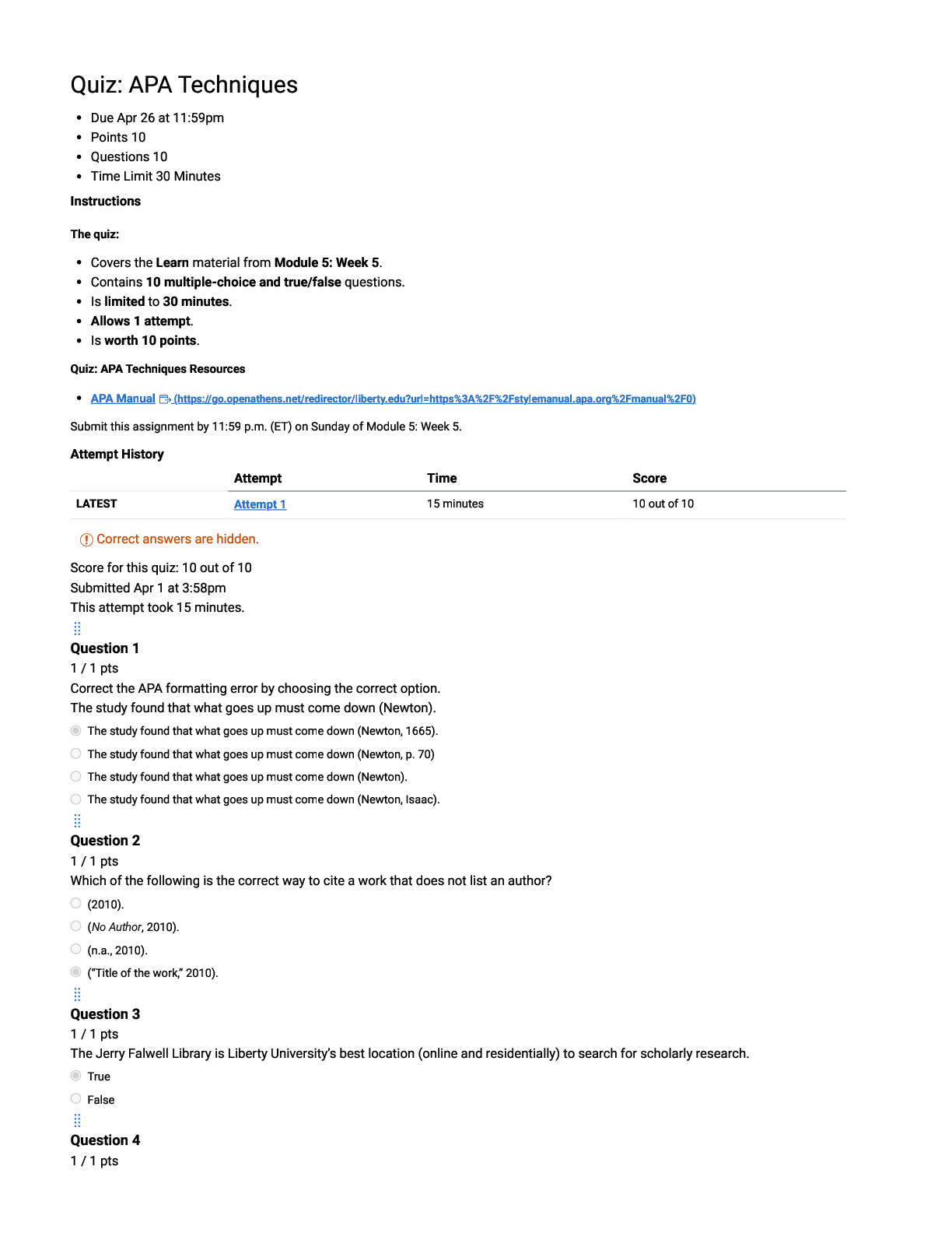 Recommended document preview for BMAL 700 Quiz: APA Techniques | Score 10/10 | Liberty University