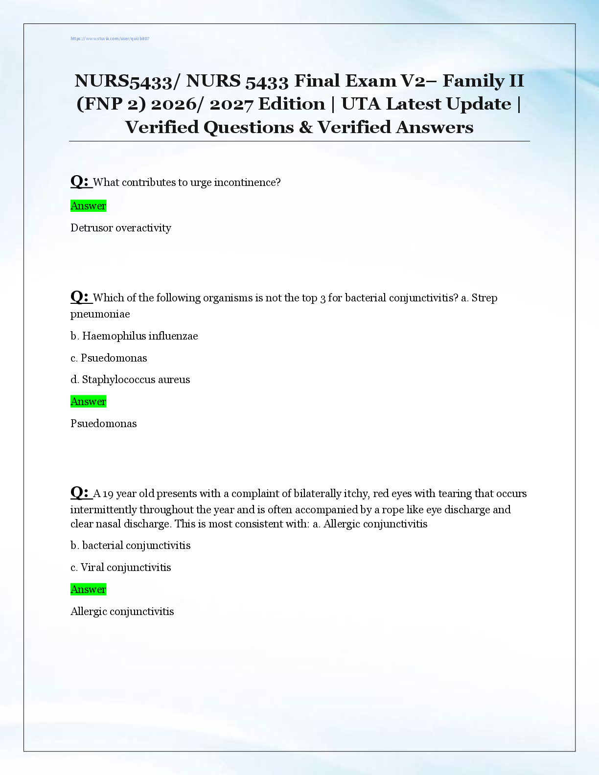 Recommended document preview for NURS5433/ NURS 5433 Final Exam V2– Family II  (FNP 2) 2026/ 2027 Edition | UTA Latest Update |  Verified Questions & Verified Answers
