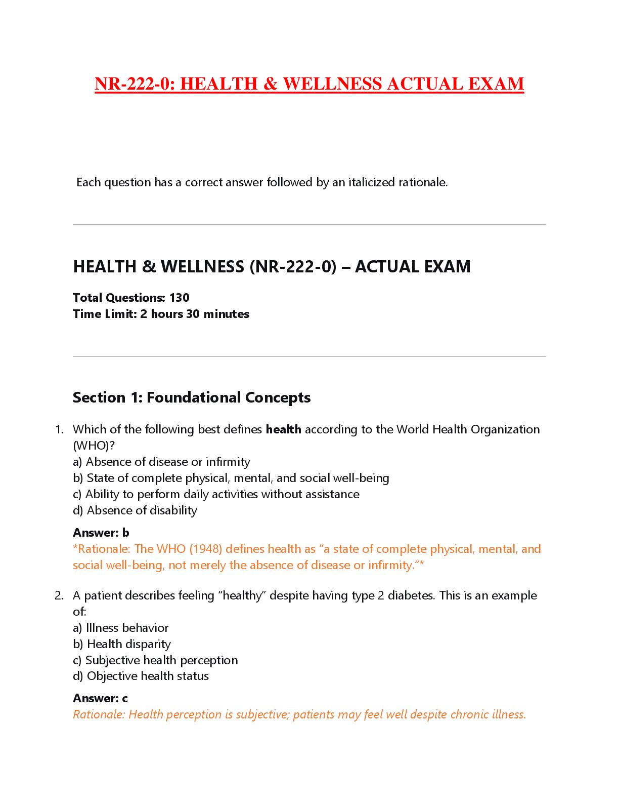 Recommended document preview for NR-222-0: HEALTH & WELLNESS ACTUAL EXAM  Each question has a correct answer followed by an italicized rationale.