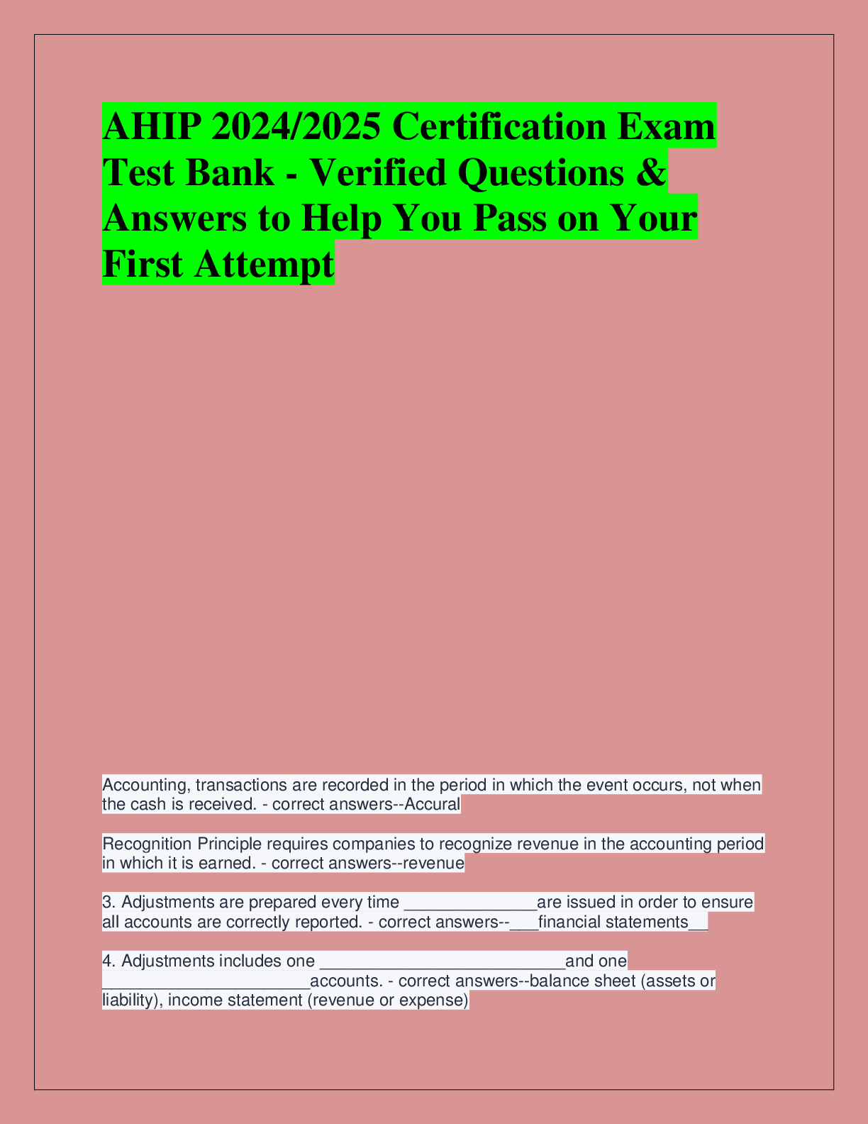 Recommended document preview for AHIP 2024/2025 Certification Exam  Test Bank - Verified Questions &  Answers to Help You Pass on Your  First Attempt