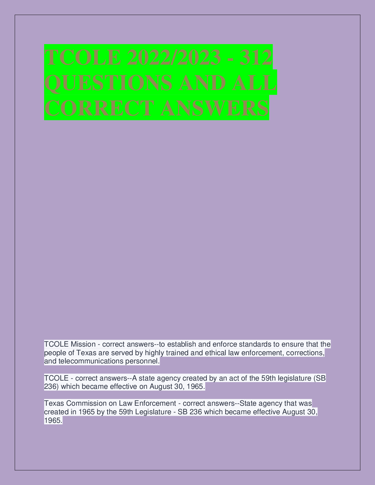 Recommended document preview for TCOLE 2022/2023 - 312  QUESTIONS AND ALL  CORRECT ANSWE