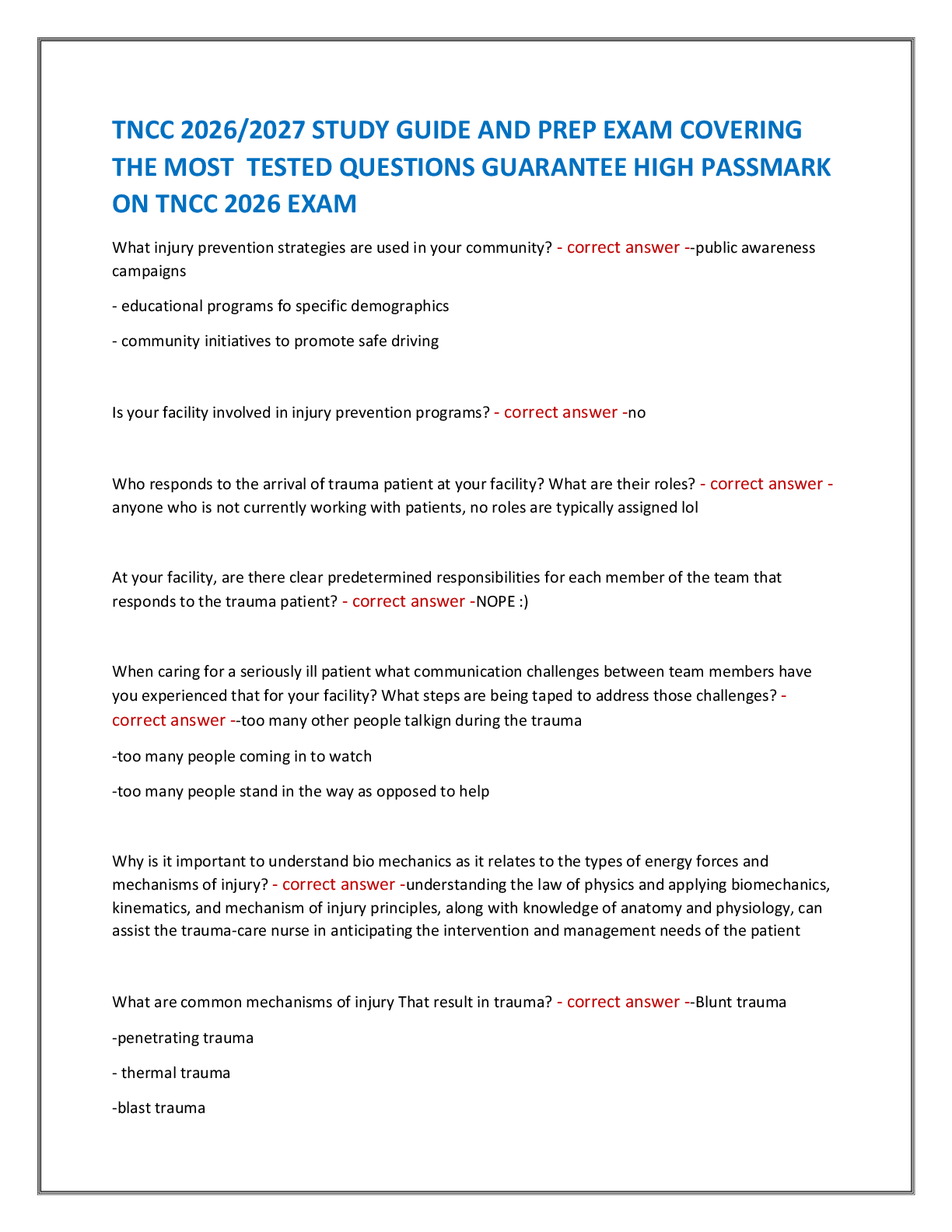 Recommended document preview for TNCC 2026/2027 STUDY GUIDE AND PREP EXAM COVERING  THE MOST  TESTED QUESTIONS GUARANTEE HIGH PASSMARK  ON TNCC 2026 EXAM