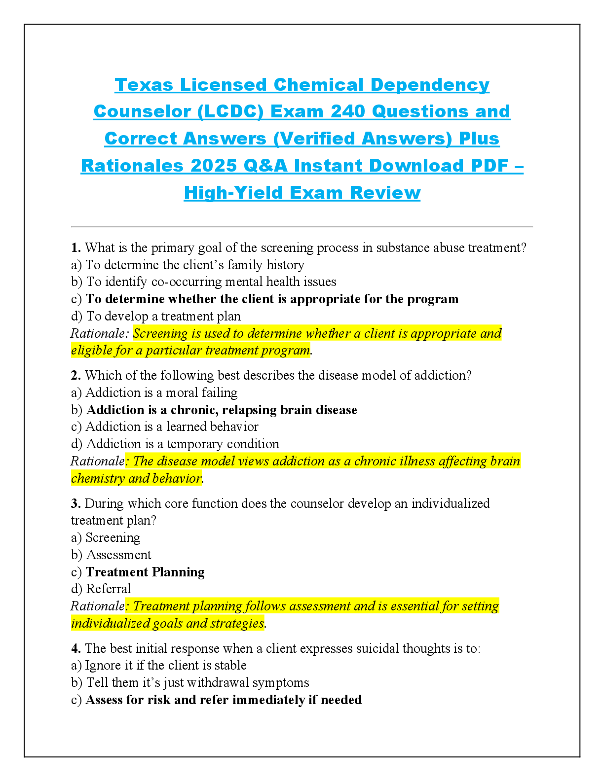Recommended document preview for Texas Licensed Chemical Dependency  Counselor (LCDC) Exam 240 Questions and  Correct Answers (Verified Answers) Plus  Rationales 2025 Q&A Instant Download PDF –  High-Yield Exam Review