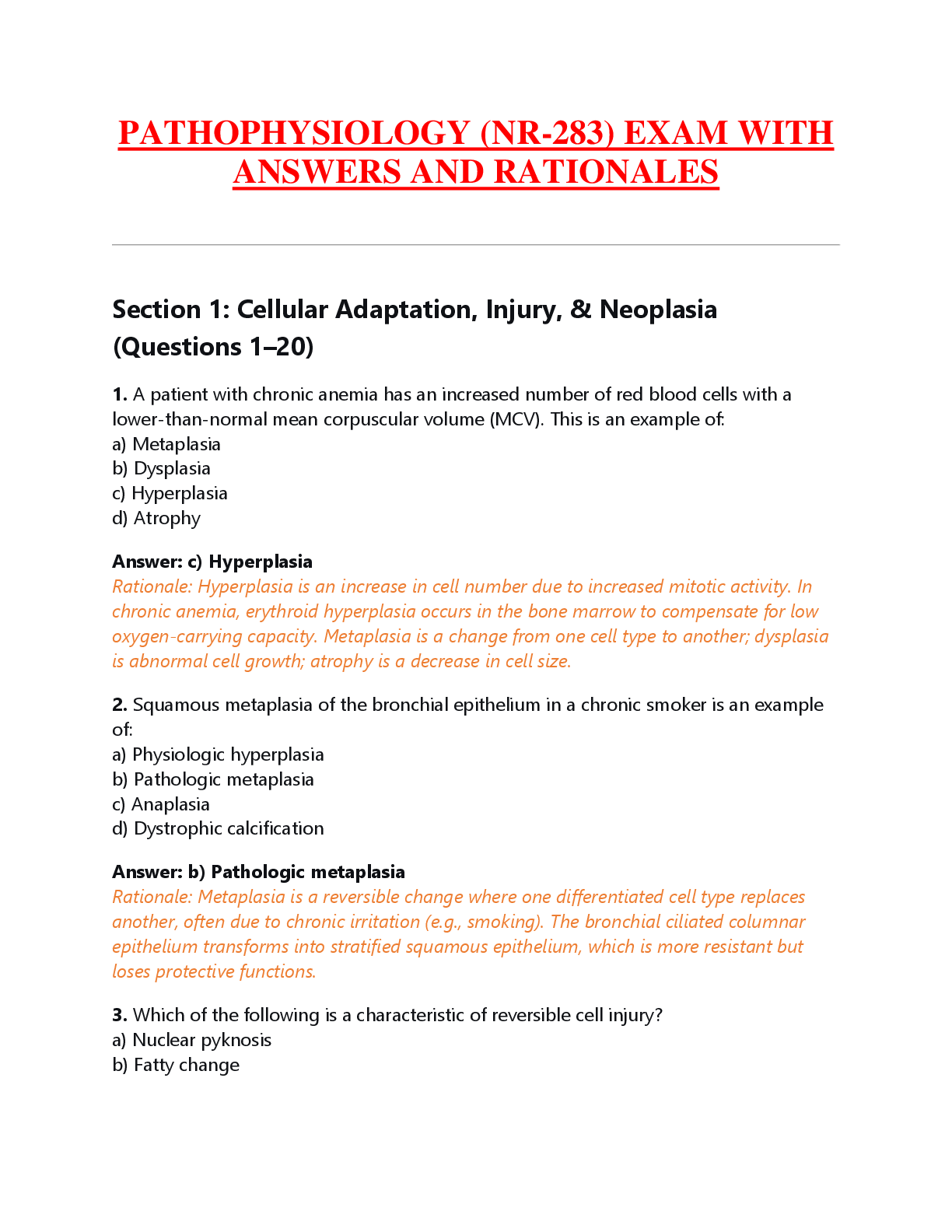 Recommended document preview for PATHOPHYSIOLOGY (NR-283) EXAM WITH  ANSWERS AND RATIONALES