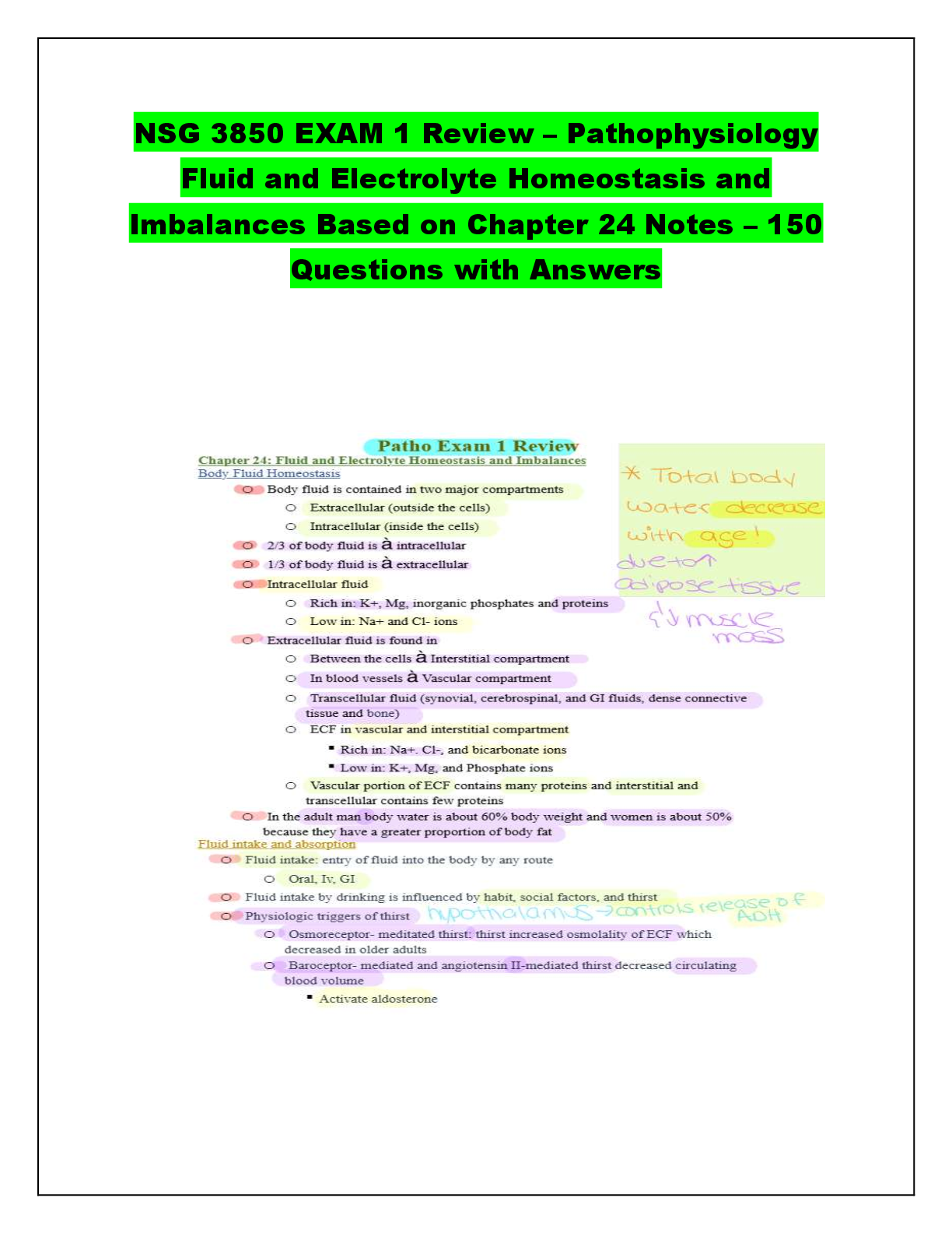 Recommended document preview for NSG 3850 EXAM 1 Review – Pathophysiology  Fluid and Electrolyte Homeostasis and  Imbalances Based on Chapter 24 Notes – 150  Questions with Answers