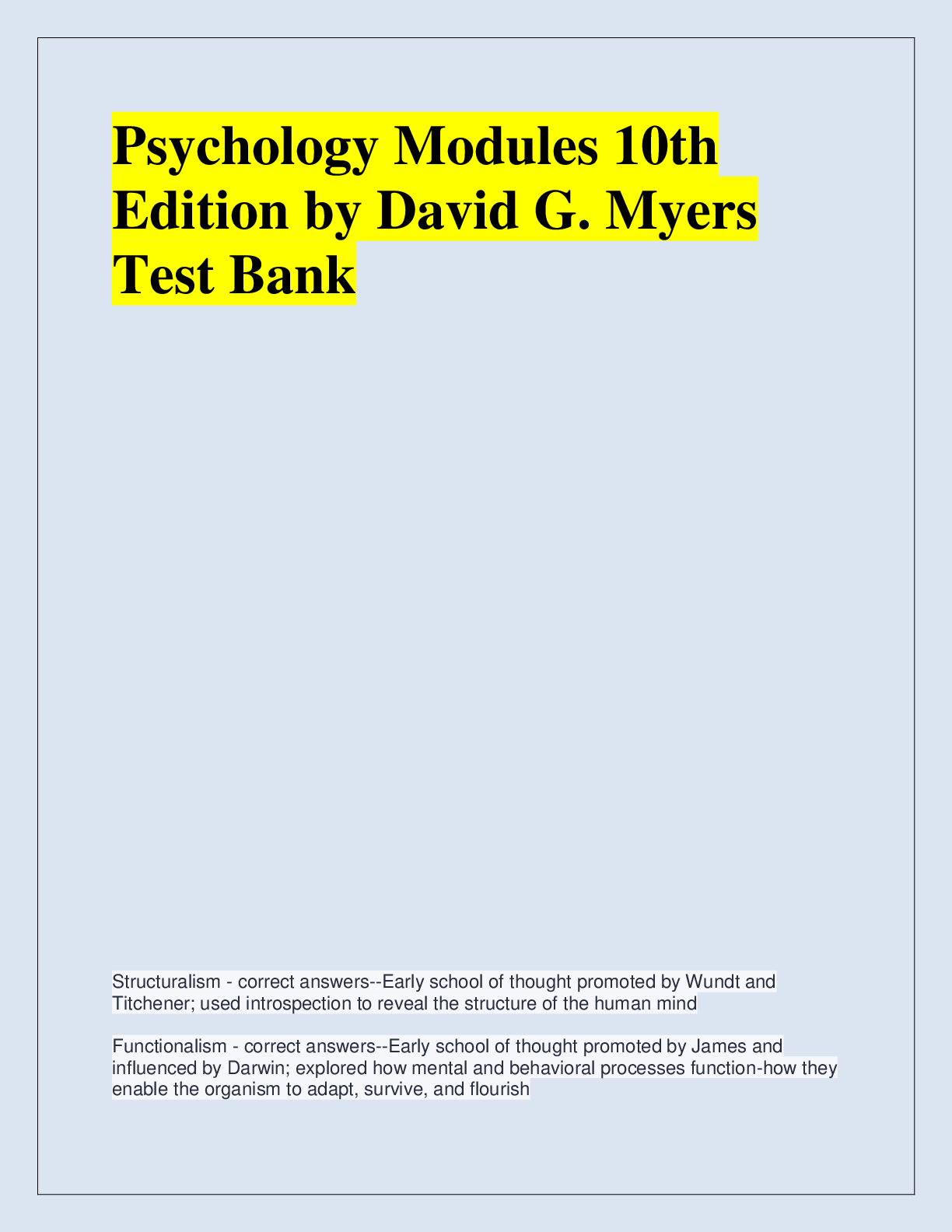 Recommended document preview for Psychology Modules 10th  Edition by David G. Myers  Test Bank