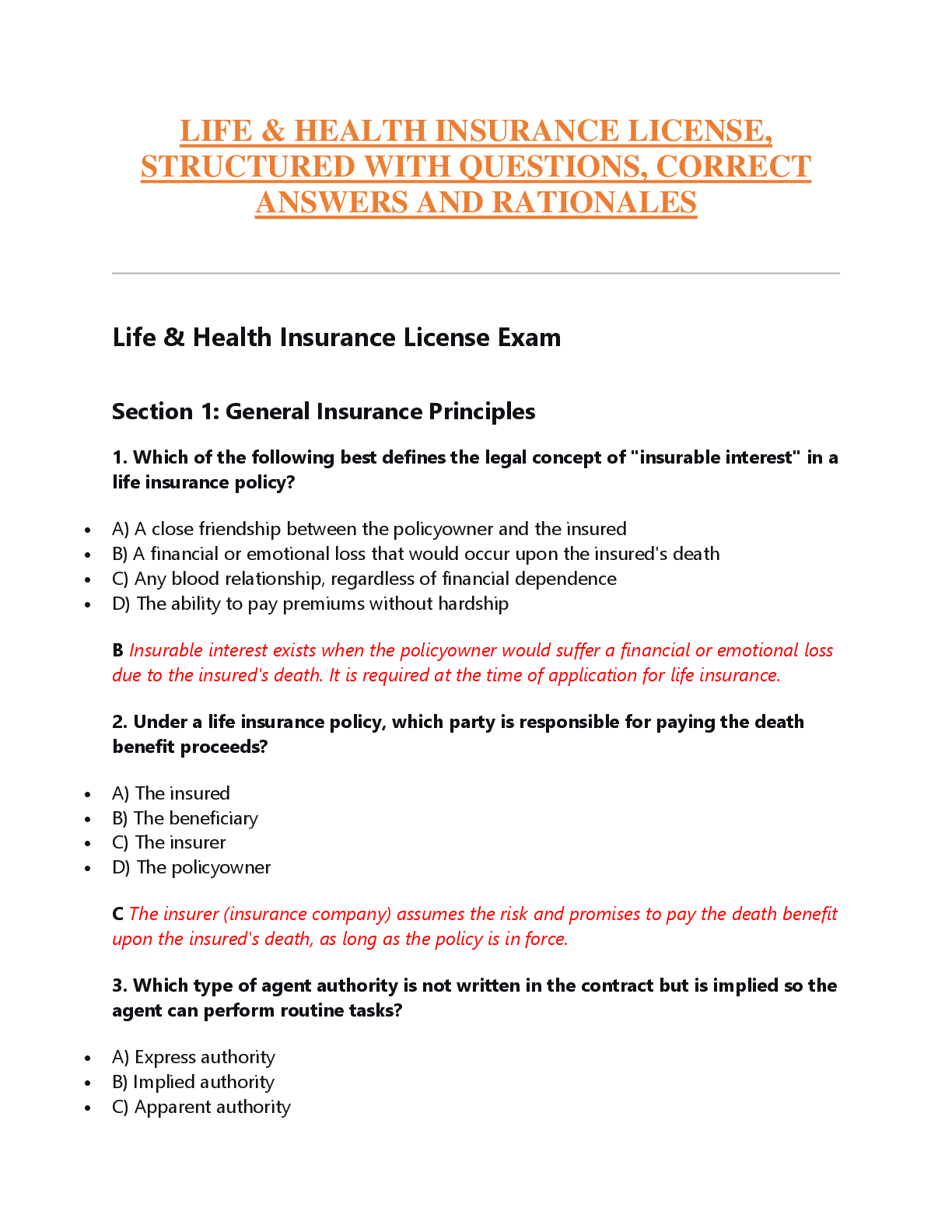 Recommended document preview for LIFE & HEALTH INSURANCE LICENSE,  STRUCTURED WITH QUESTIONS, CORRECT  ANSWERS AND RATIONALES