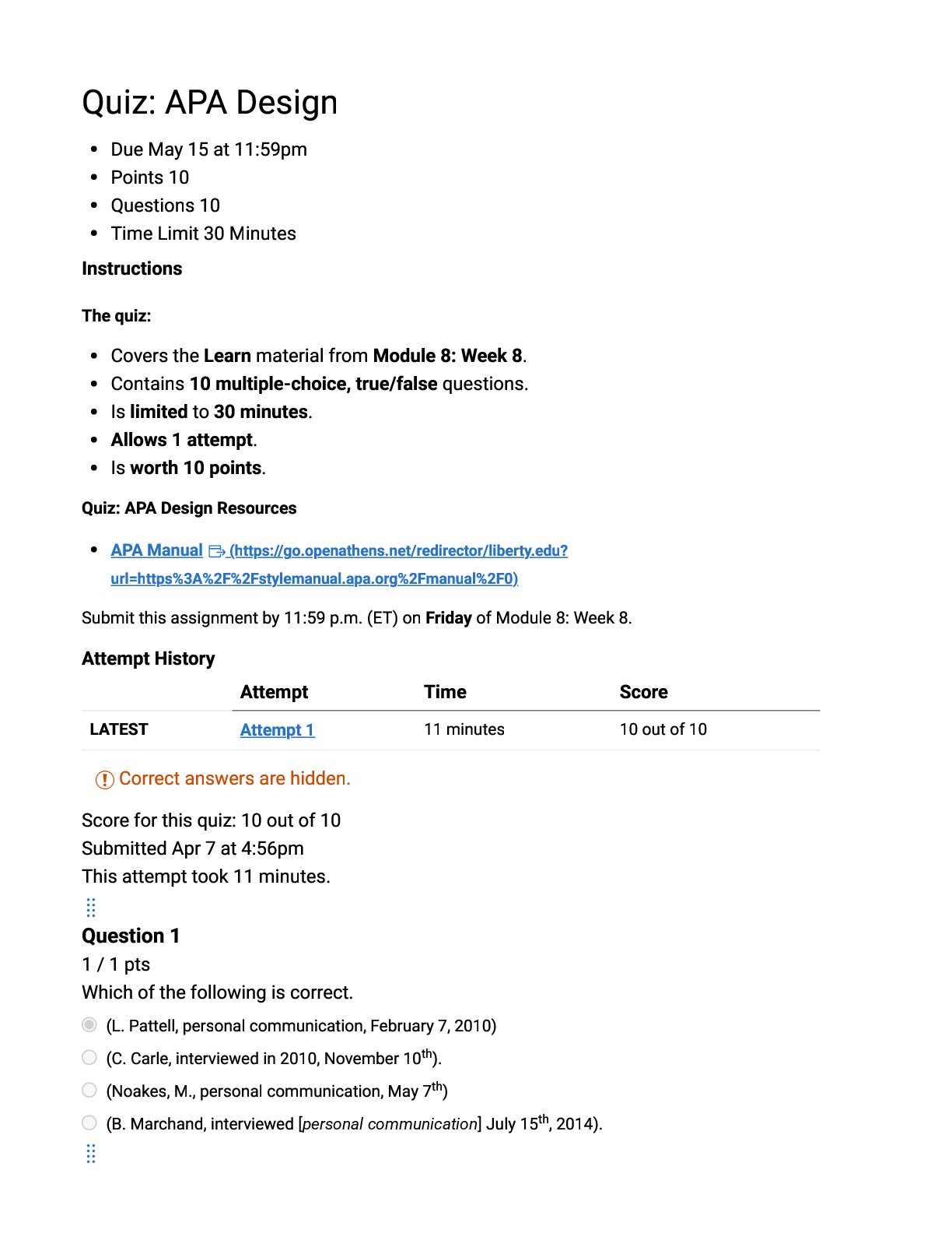 Recommended document preview for BMAL 700 Quiz: APA Design | Score 10/10 | Liberty University
