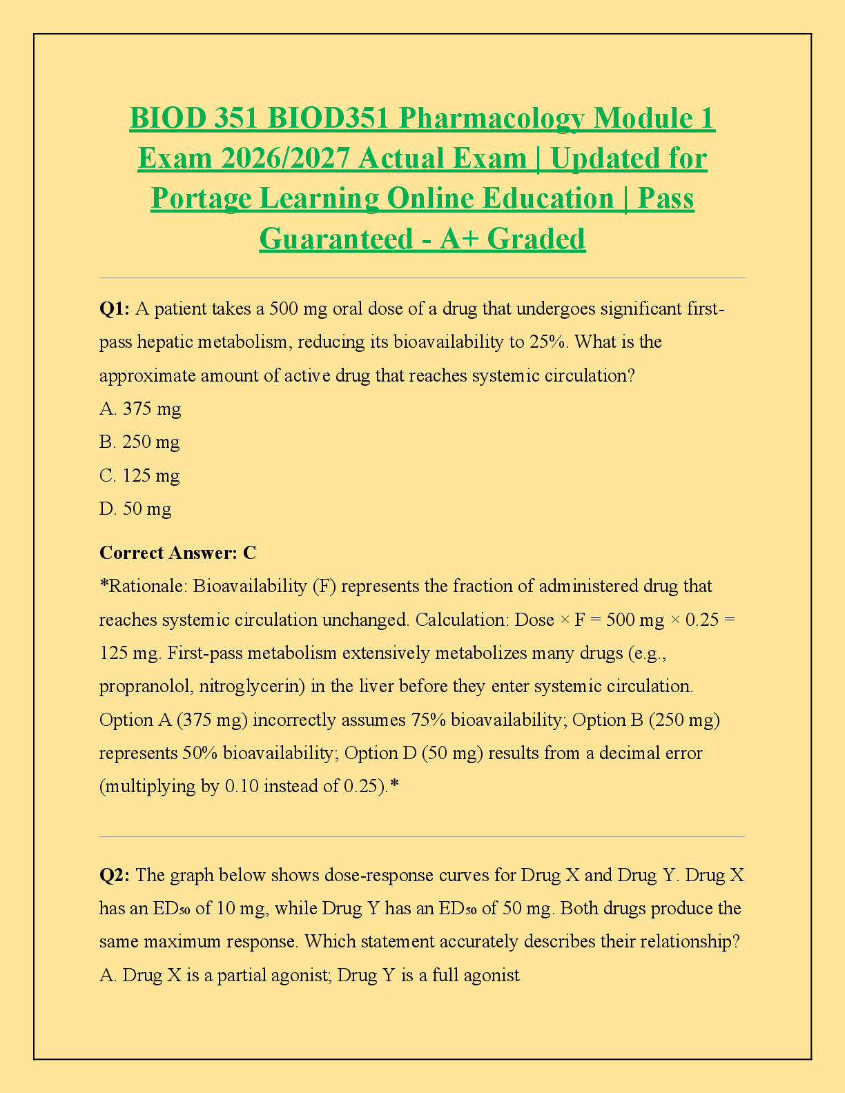 Recommended document preview for BIOD 351 BIOD351 Pharmacology Module 1  Exam 2026/2027 Actual Exam | Updated for  Portage Learning Online Education | Pass  Guaranteed - A+ Graded