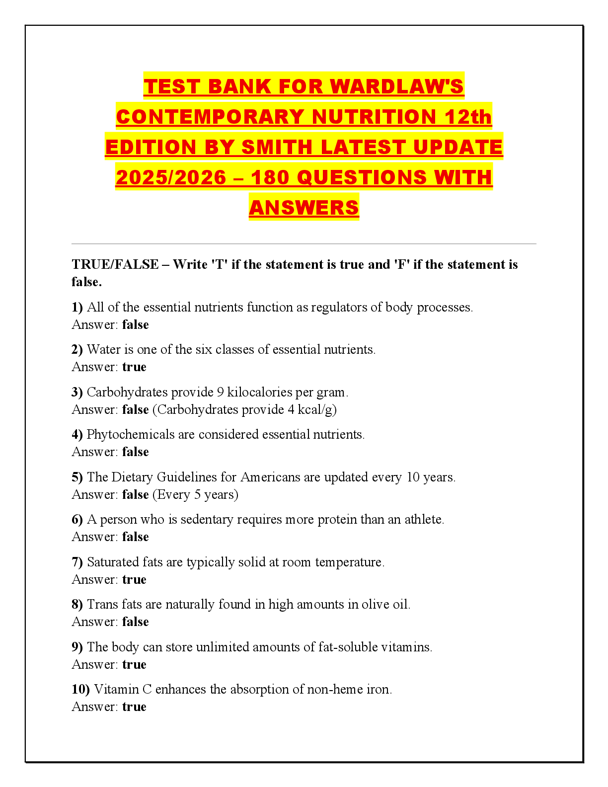 Recommended document preview for TEST BANK FOR WARDLAW'S  CONTEMPORARY NUTRITION 12th  EDITION BY SMITH LATEST UPDATE  2025/2026 – 180 QUESTIONS WITH  ANSWERS