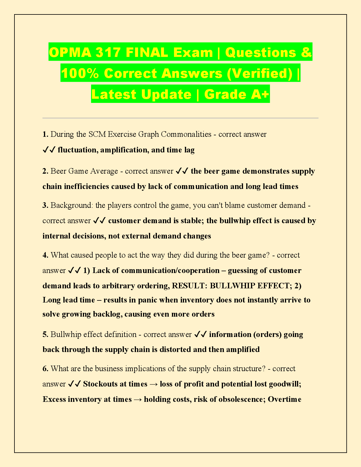 Recommended document preview for OPMA 317 FINAL Exam | Questions &  100% Correct Answers (Verified) |  Latest Update | Grade A+