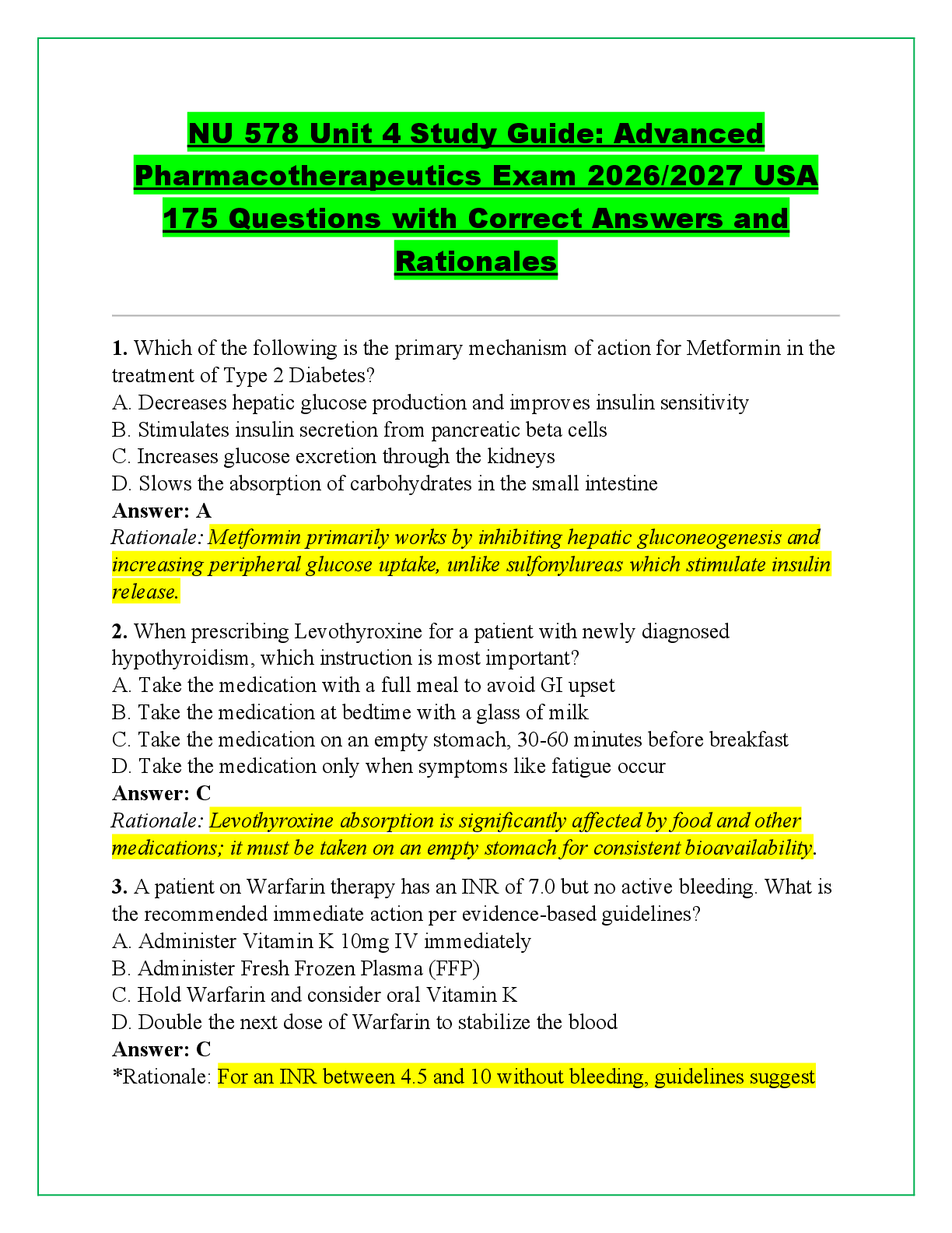 Recommended document preview for NU 578 Unit 4 Study Guide: Advanced  Pharmacotherapeutics Exam 2026/2027 USA  175 Questions with Correct Answers and  Rationales