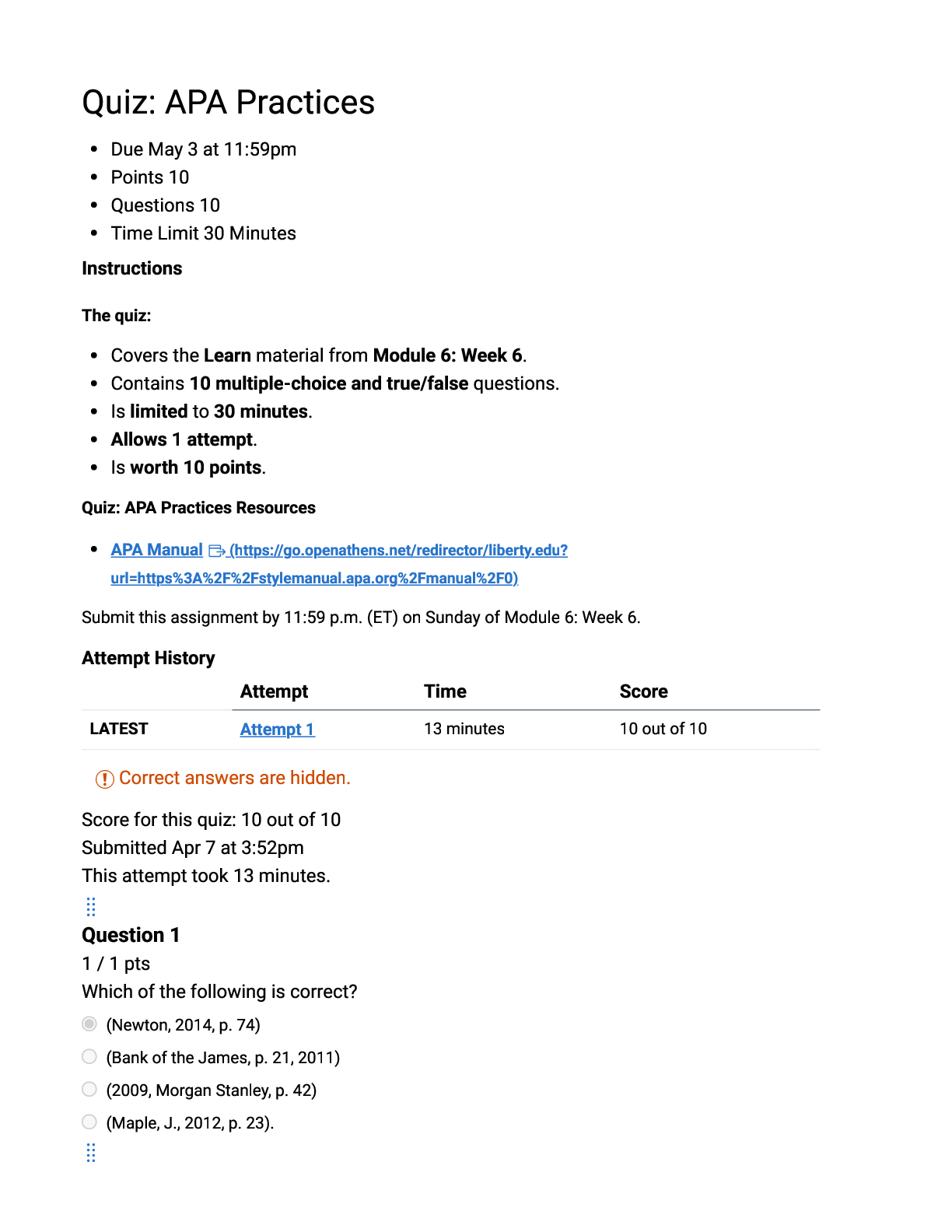 Recommended document preview for BMAL 700 Quiz: APA Practices | Score 10/10 | Liberty University