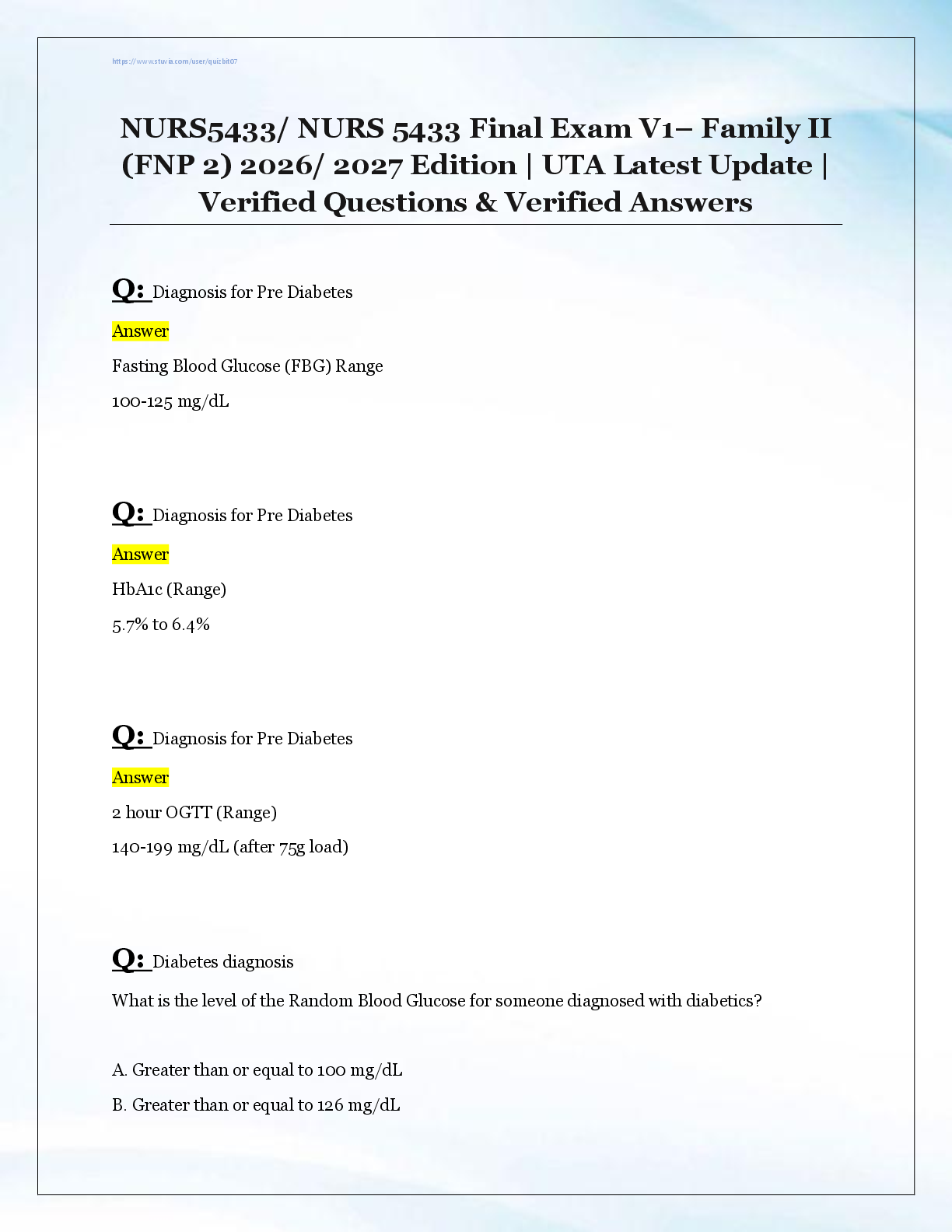 Recommended document preview for NURS5433/ NURS 5433 Final Exam V1– Family II  (FNP 2) 2026/ 2027 Edition | UTA Latest Update |  Verified Questions & Verified Answers