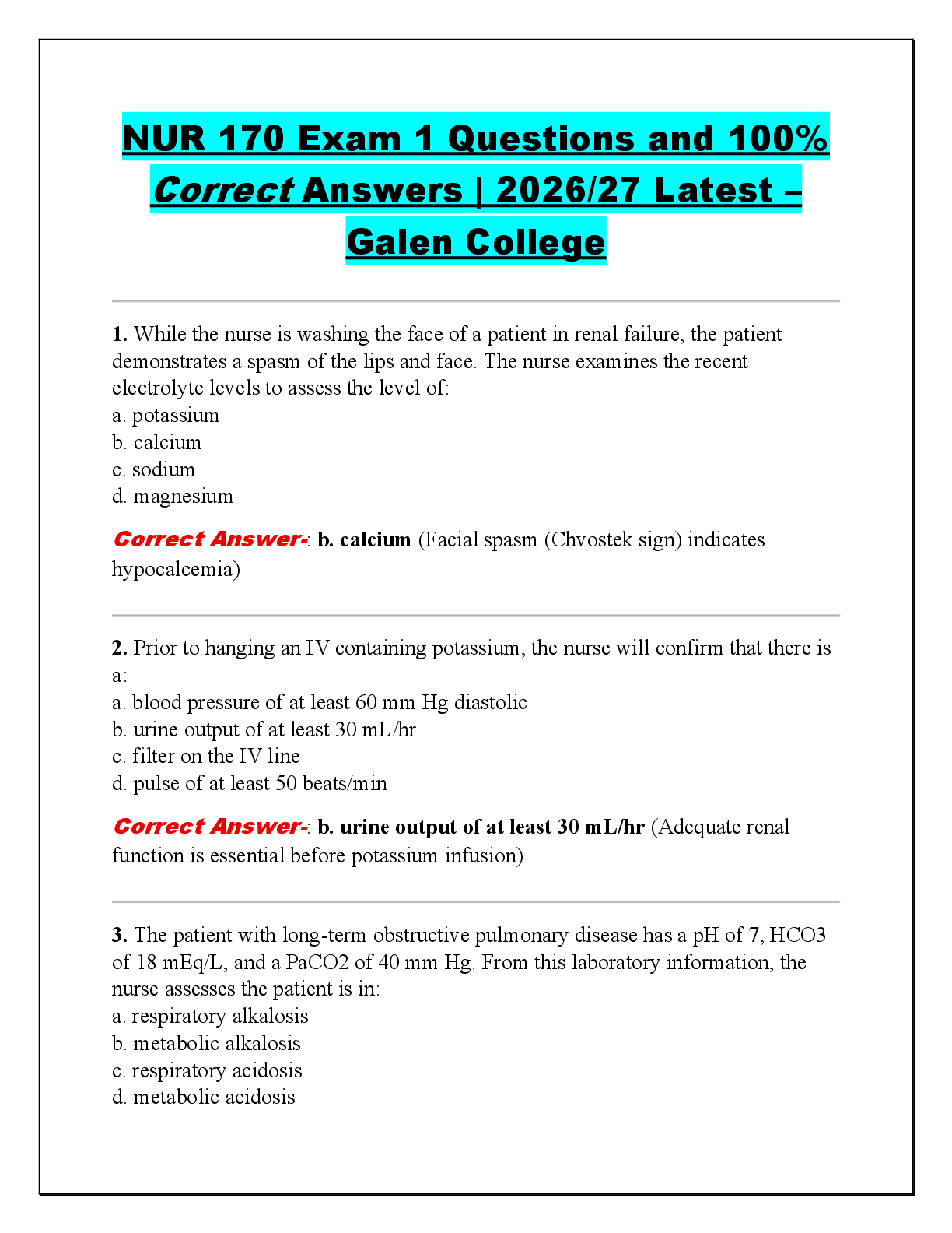 Recommended document preview for NUR 170 Exam 1 Questions and 100%  Correct Answers | 2026/27 Latest –  Galen College