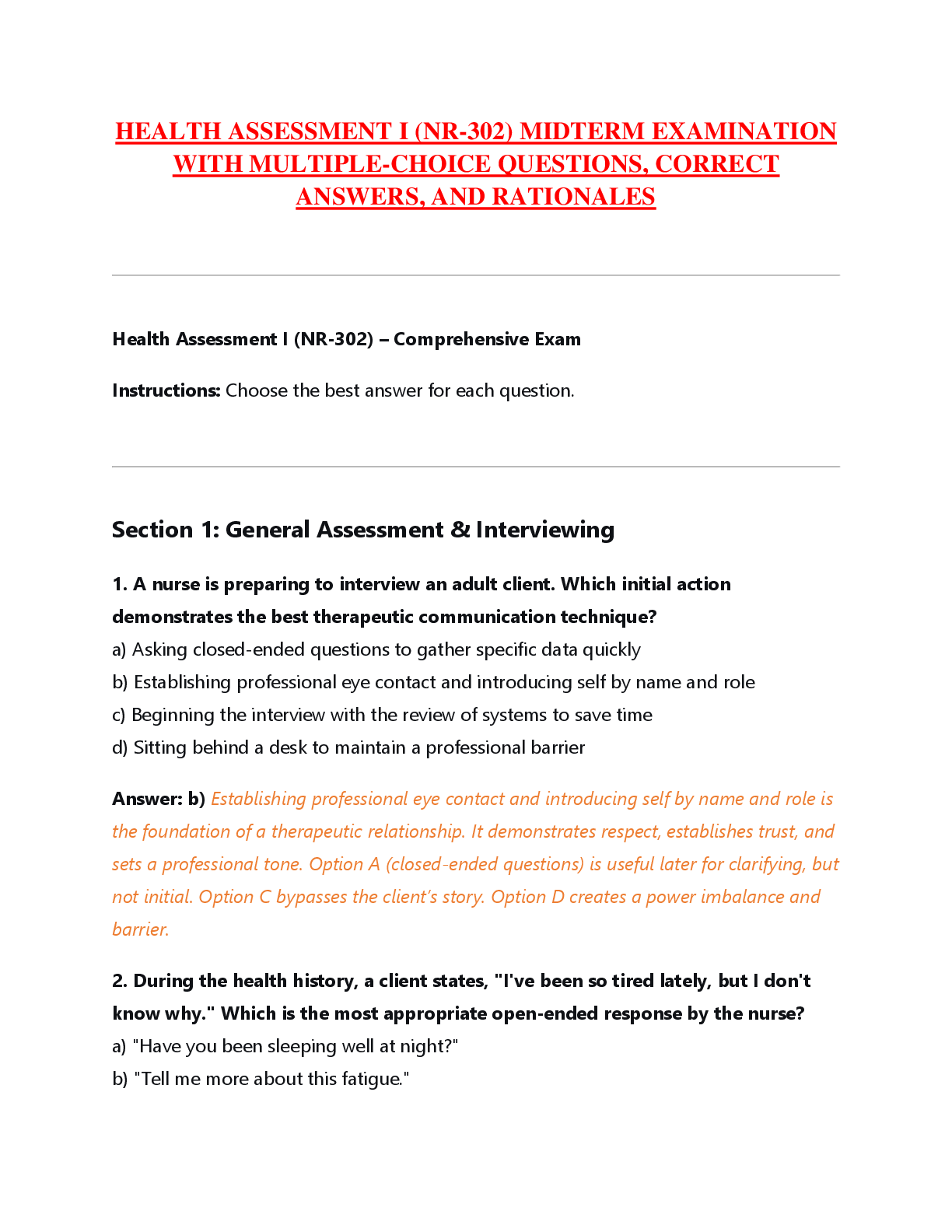 Recommended document preview for HEALTH ASSESSMENT I (NR-302) MIDTERM EXAMINATION  WITH MULTIPLE-CHOICE QUESTIONS, CORRECT  ANSWERS, AND RATIONALES