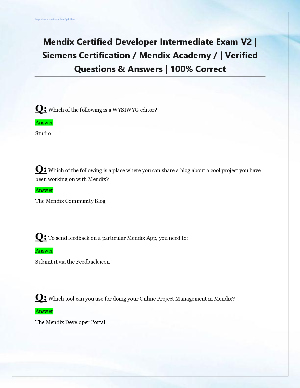 Recommended document preview for Mendix Certified Developer Intermediate Exam V2 |  Siemens Certification / Mendix Academy / | Verified  Questions & Answers | 100% Correct