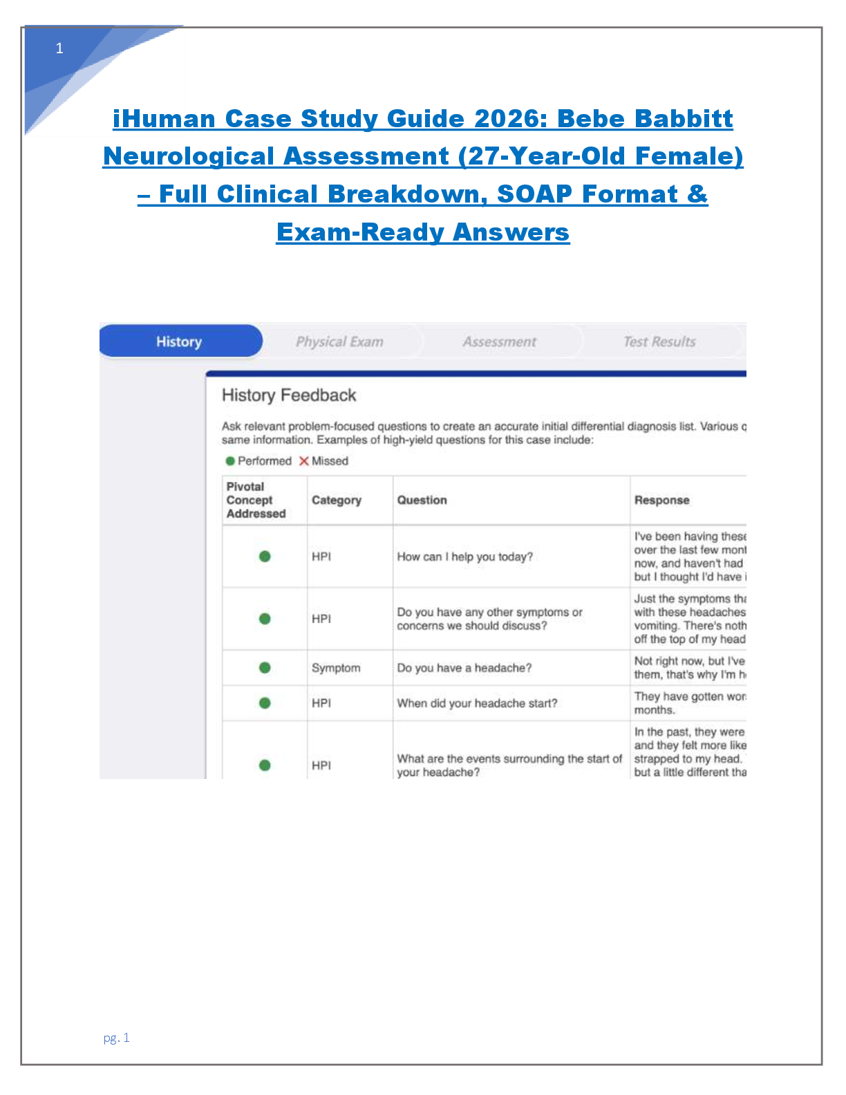Recommended document preview for iHuman Case Study Guide 2026: Bebe Babbitt  Neurological Assessment (27-Year-Old Female) – Full Clinical Breakdown, SOAP Format &  Exam-Ready Answers