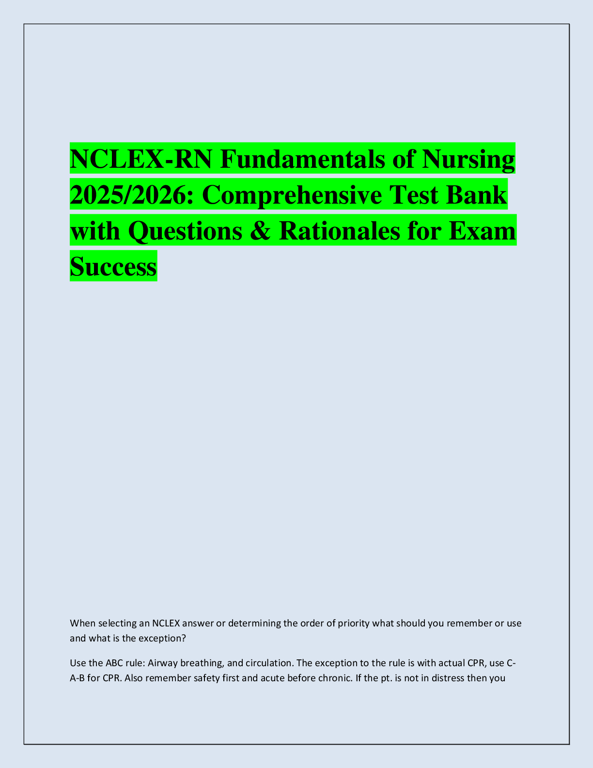 Recommended document preview for NCLEX-RN Fundamentals of Nursing  2025/2026: Comprehensive Test Bank  with Questions & Rationales for Exam  Success