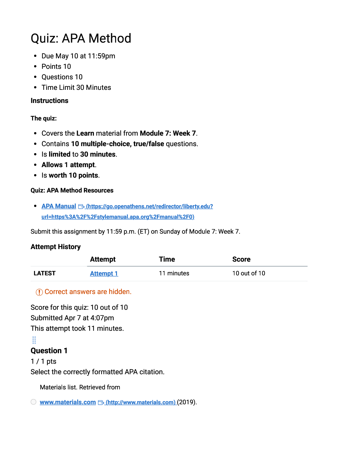 Recommended document preview for BMAL 700 Quiz: APA Method | Score 10/10 | Liberty University