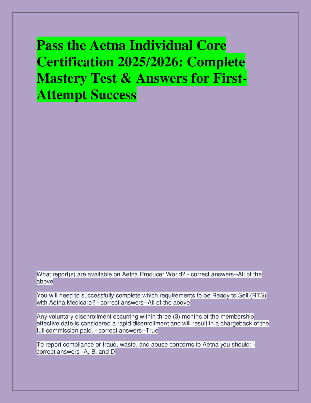 Preview of Pass the Aetna Individual Core  Certification 2025/2026: Complete  Mastery Test & Answers