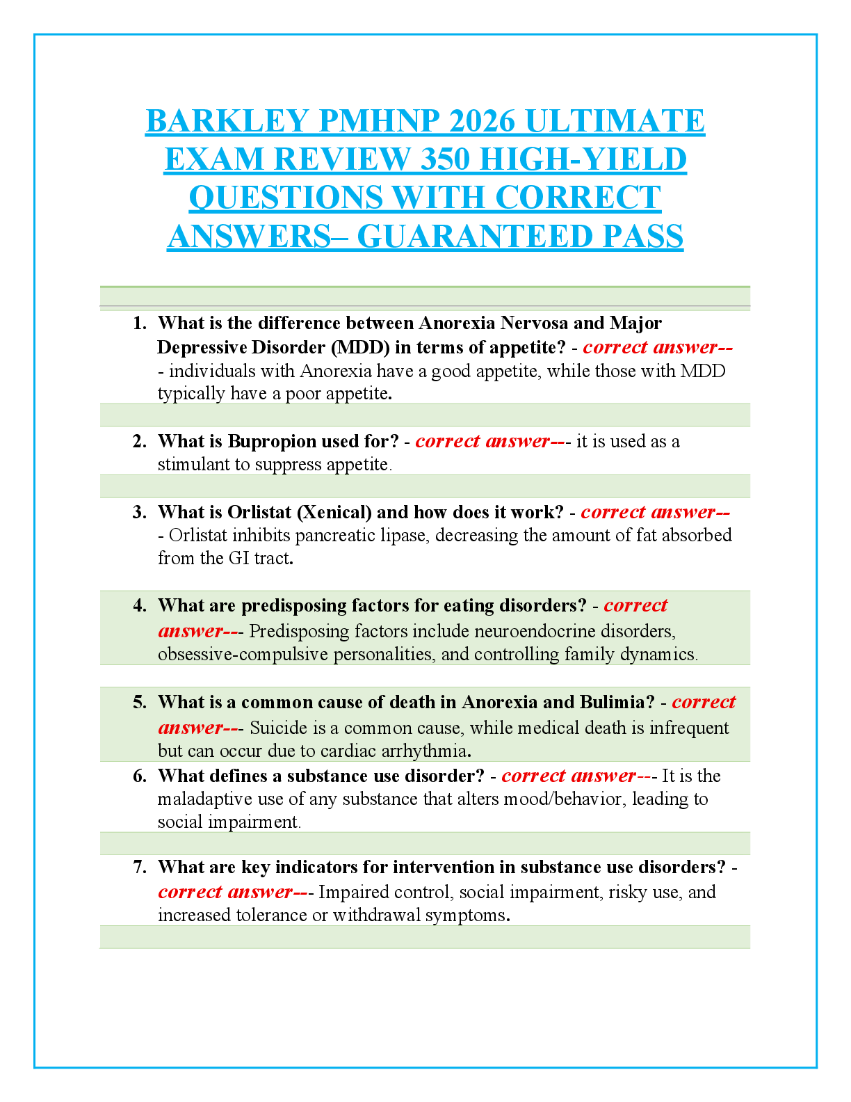 Recommended document preview for BARKLEY PMHNP 2026 ULTIMATE EXAM REVIEW 350 HIGH-YIELD QUESTIONS WITH CORRECT ANSWERS– GUARANTEED PASS