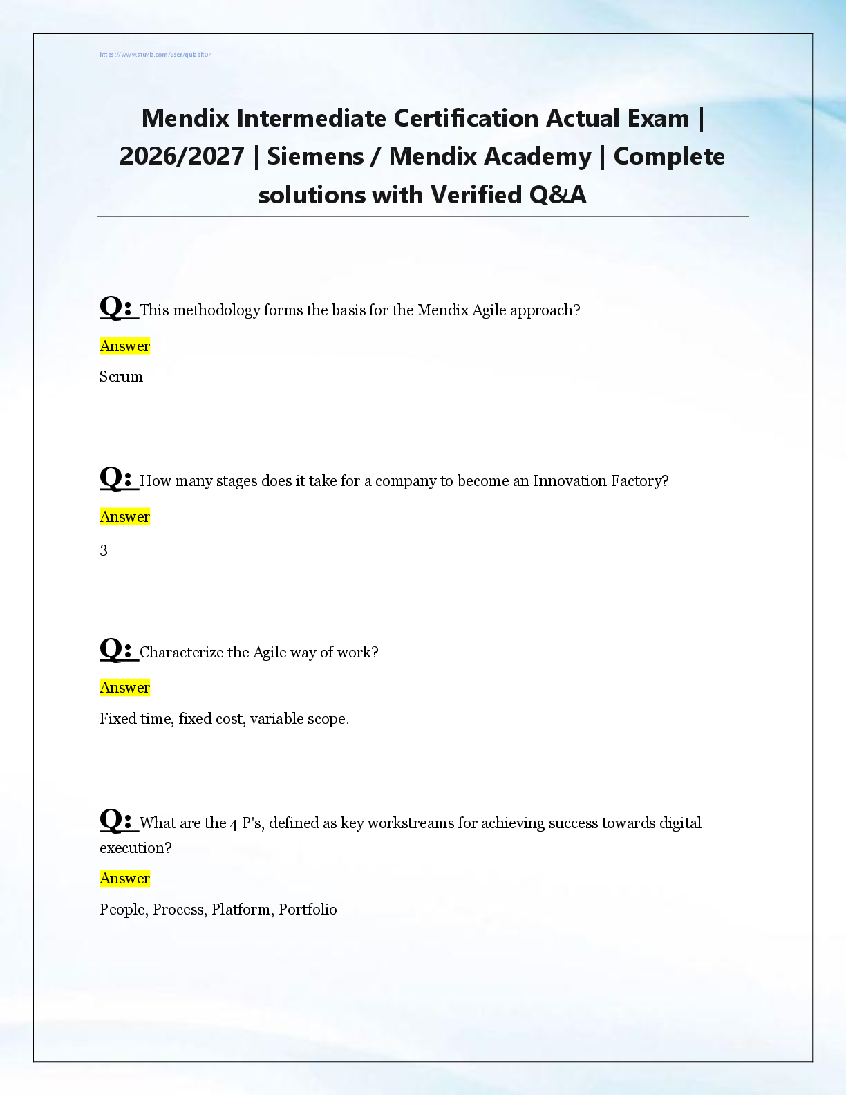 Recommended document preview for Mendix Intermediate Certification Actual Exam |  2026/2027 | Siemens / Mendix Academy | Complete  solutions with Verified Q&A
