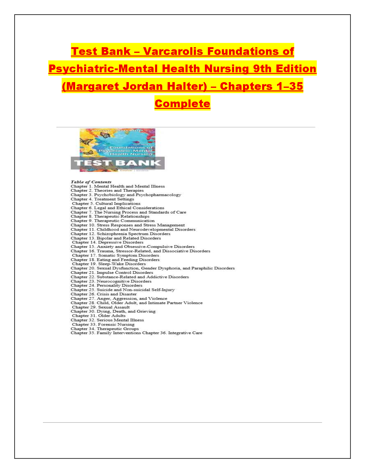 Preview of Test Bank – Varcarolis Foundations of  Psychiatric-Mental Health Nursing 9th Edition  (Margaret Jordan Halter) – Chapters 1–35  Complete