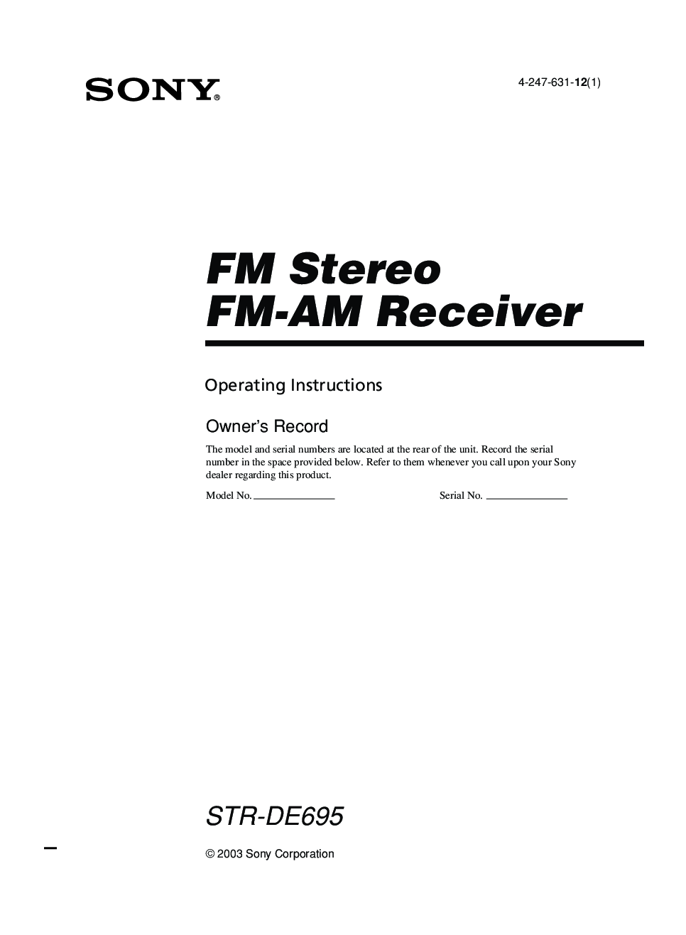 Recommended document preview for Sony STR-DE695 AV Receiver Owners Manual
