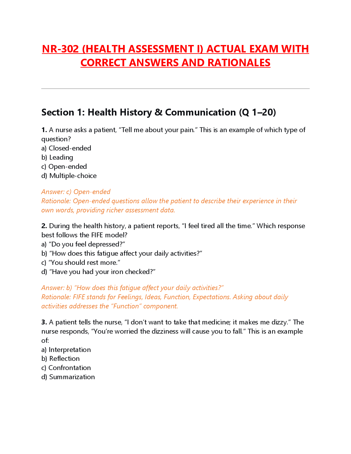 Recommended document preview for NR-302 (HEALTH ASSESSMENT I) ACTUAL EXAM WITH  CORRECT ANSWERS AND RATIONALES