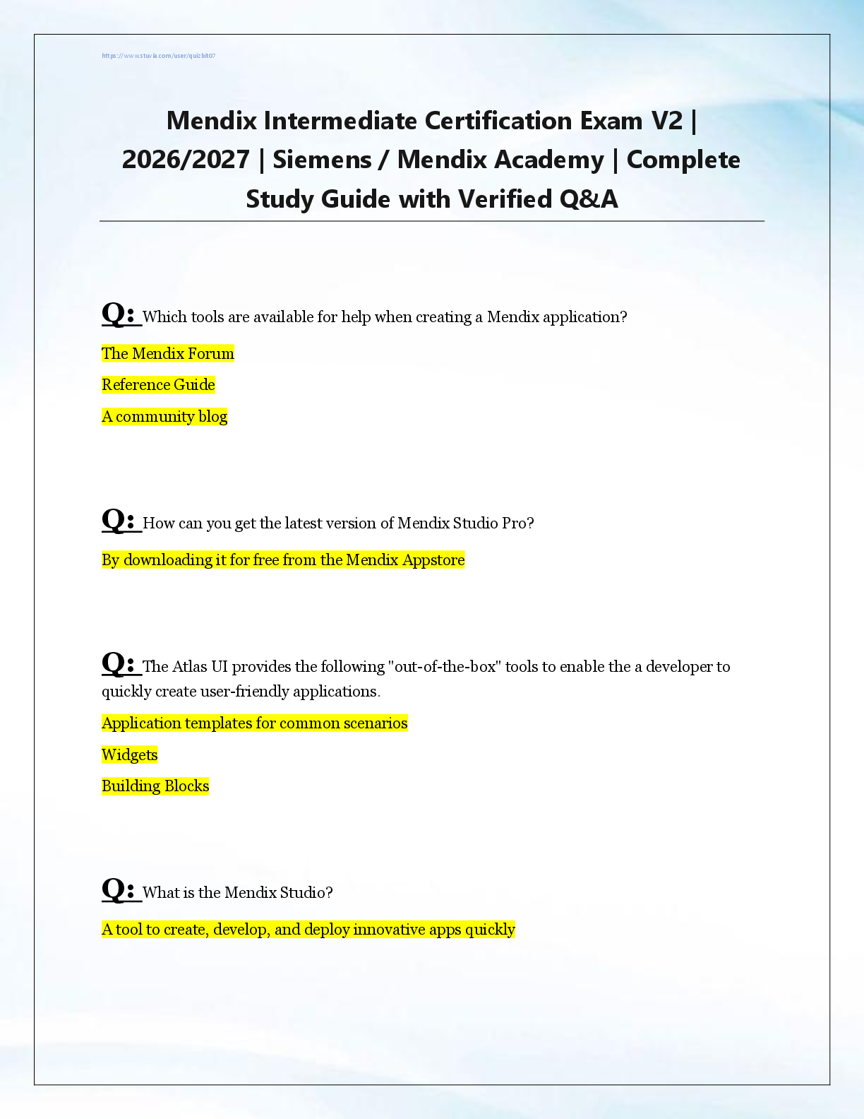 Recommended document preview for Mendix Intermediate Certification Exam 2026/2027 |  Siemens / Mendix Academy | Complete Study Guide  with Verified Q&A