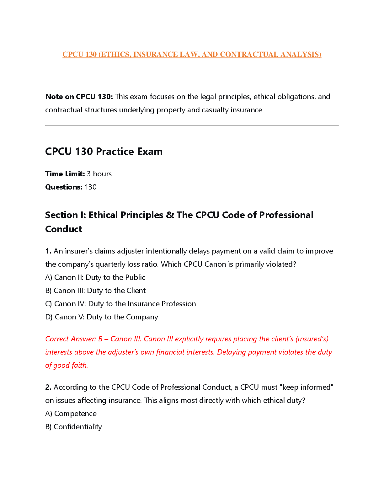 Recommended document preview for CPCU 130 (ETHICS, INSURANCE LAW, AND CONTRACTUAL ANALYSIS)
