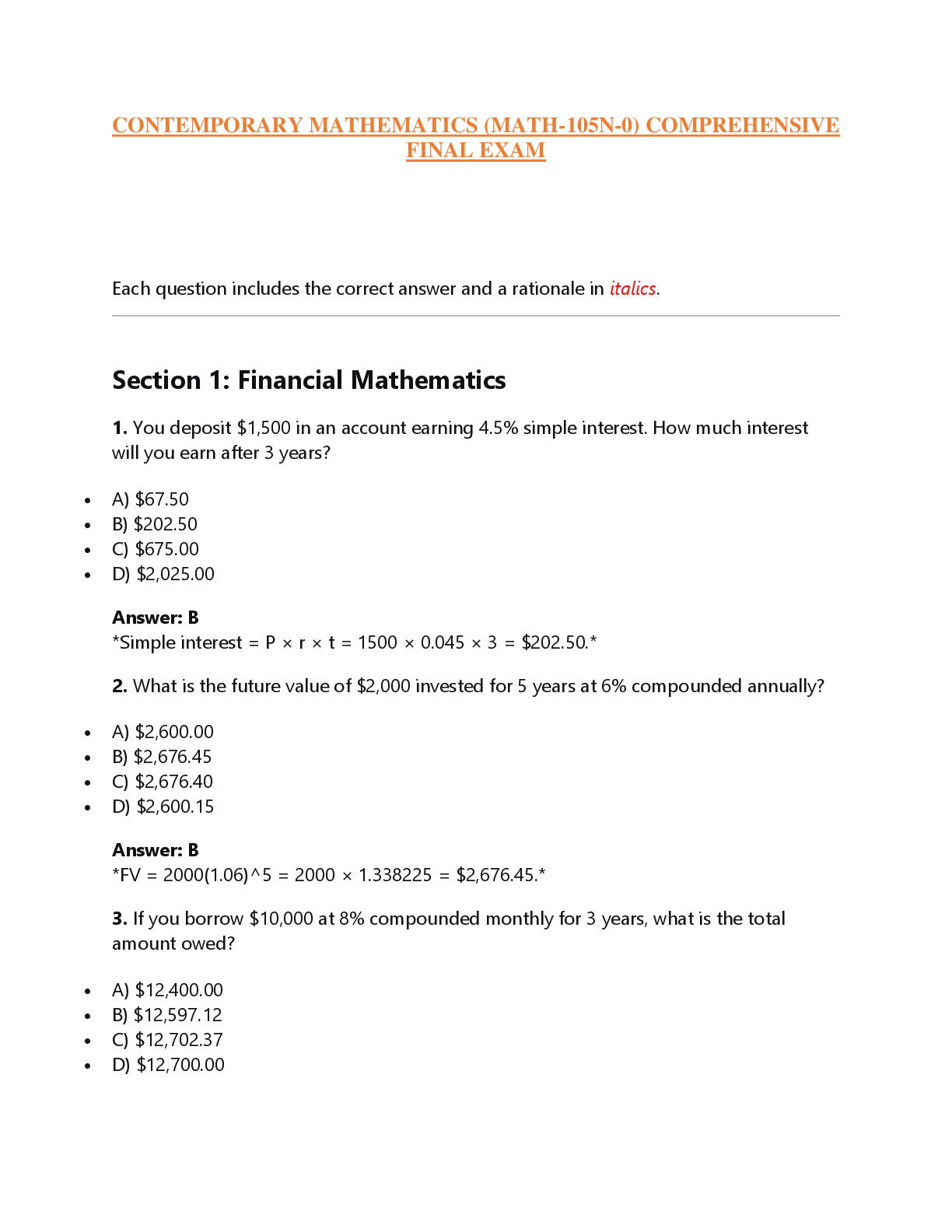 Recommended document preview for CONTEMPORARY MATHEMATICS (MATH-105N-0) COMPREHENSIVE  FINAL EXAM