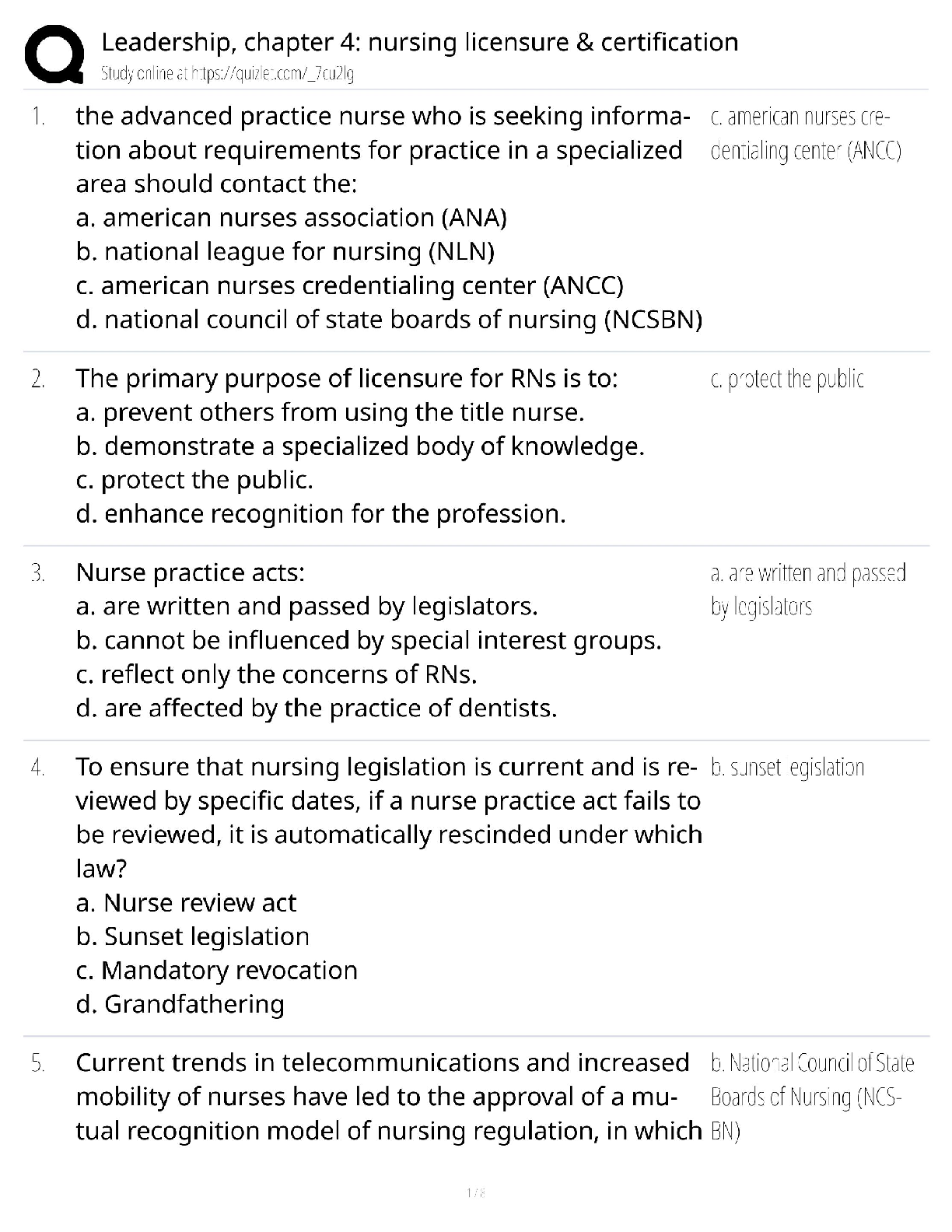 Recommended document preview for Nursing Leadership Chapter 4 / Licensure & Certification Guide / Exam Prep 2026 / Score 100%