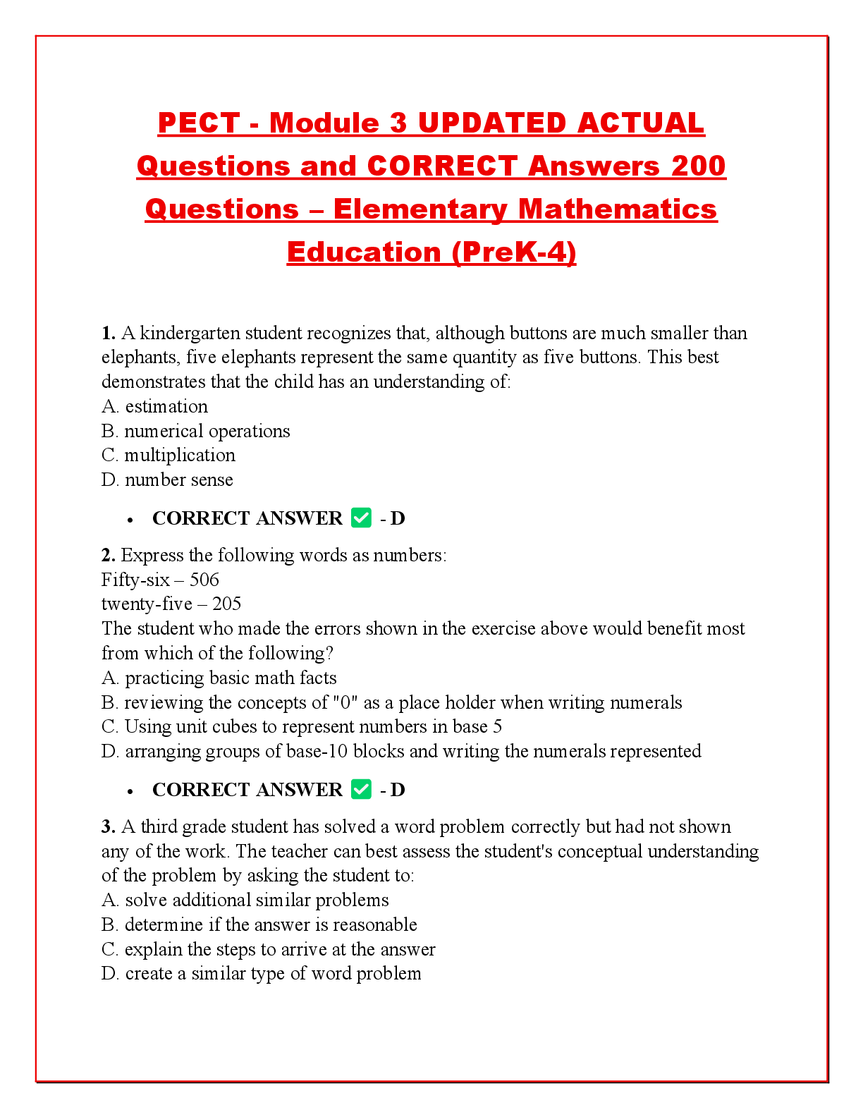 Recommended document preview for PECT - Module 3 UPDATED ACTUAL  Questions and CORRECT Answers 200  Questions – Elementary Mathematics  Education (PreK-4)