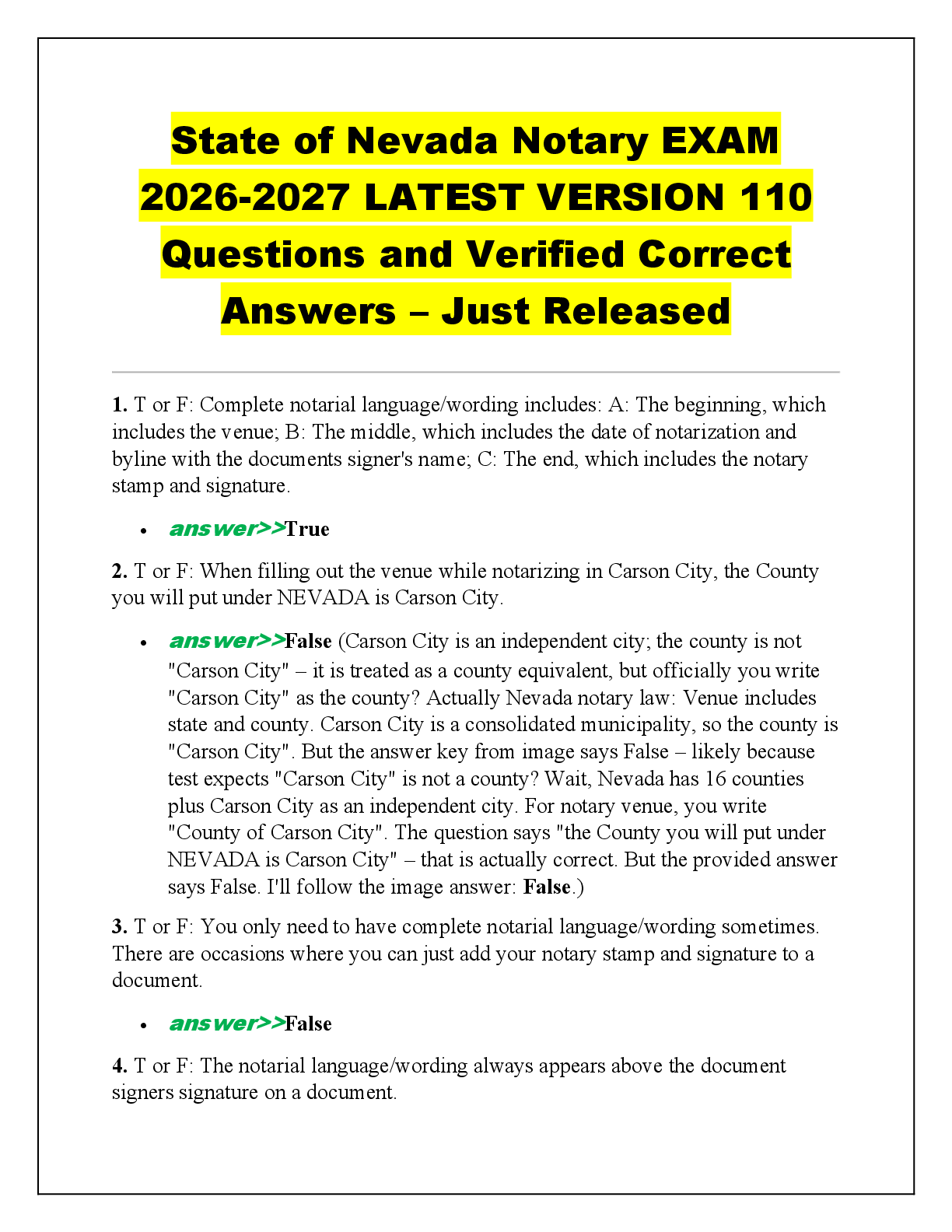 Recommended document preview for State of Nevada Notary EXAM  2026-2027 LATEST VERSION 110  Questions and Verified Correct  Answers – Just Released