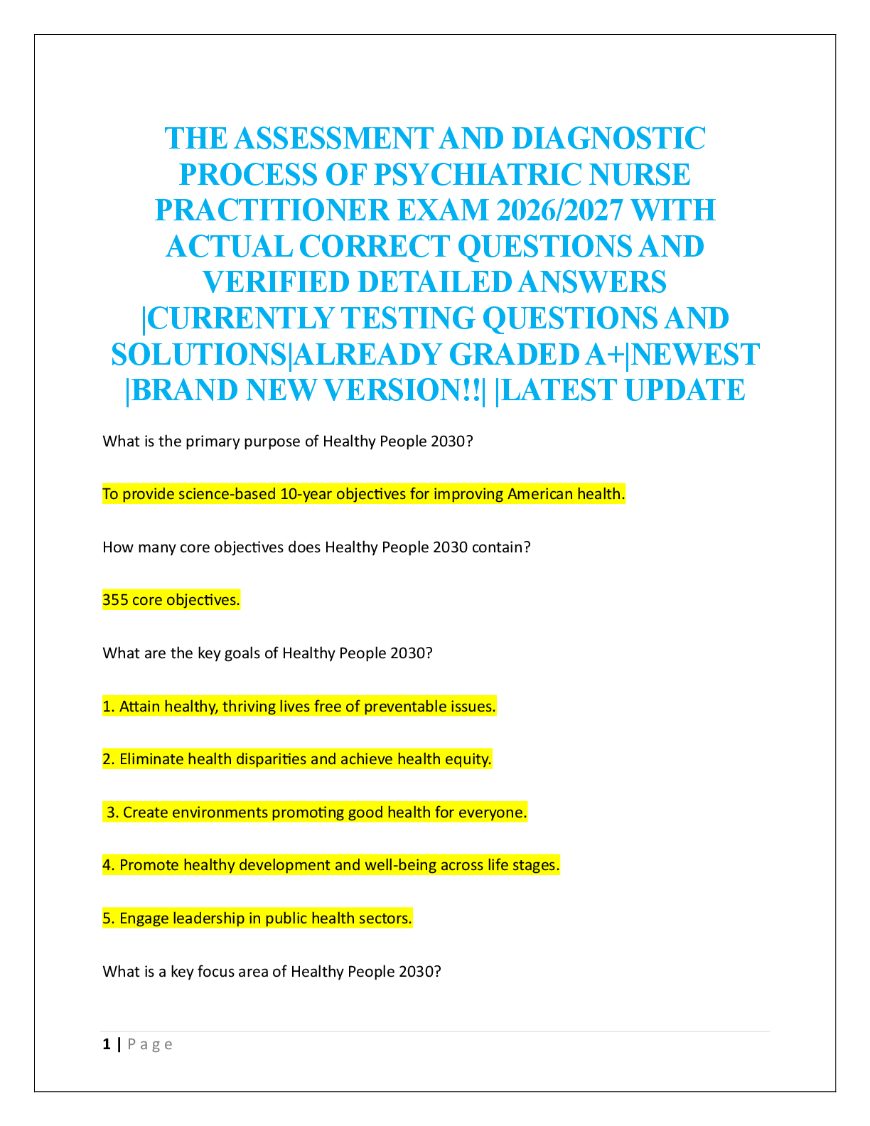 Recommended document preview for THE ASSESSMENT AND DIAGNOSTIC  PROCESS OF PSYCHIATRIC NURSE  PRACTITIONER EXAM 2026/2027