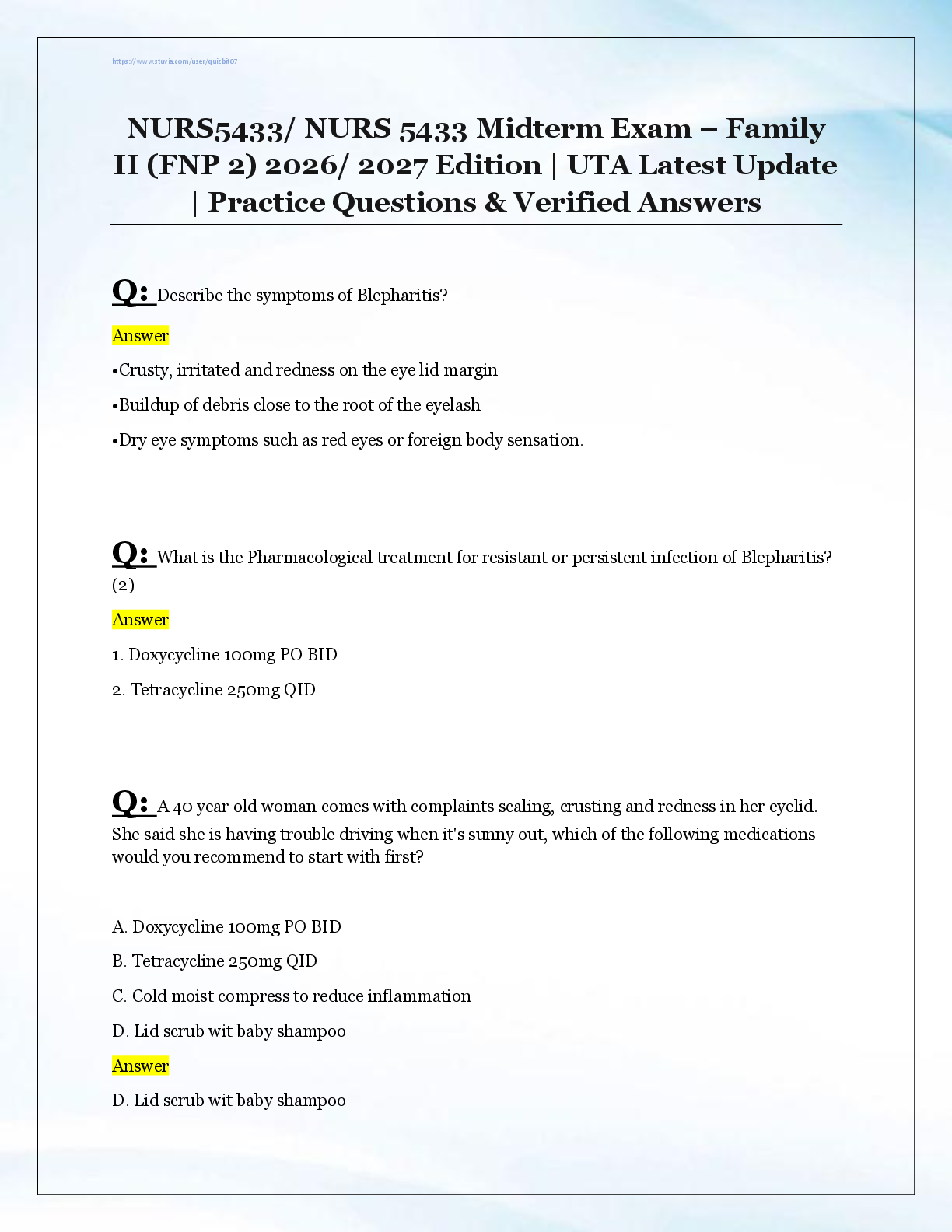 Recommended document preview for NURS5433/ NURS 5433 Midterm Exam – Family  II (FNP 2) 2026/ 2027 Edition | UTA Latest Update  | Practice Questions & Verified Answers