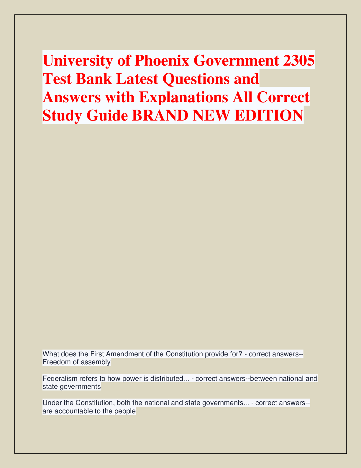 Recommended document preview for University of Phoenix Government 2305  Test Bank Latest Questions and  Answers with Explanations All Correct  Study Guide BRAND NEW EDITION