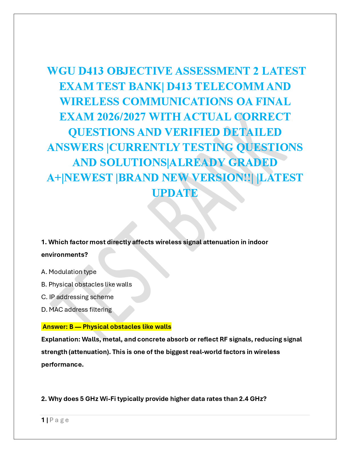 Recommended document preview for WGU D413 OBJECTIVE ASSESSMENT 2 LATEST  EXAM TEST BANK| D413 TELECOMM AND  WIRELESS COMMUNICATIONS OA FINAL  EXAM 2026/2027