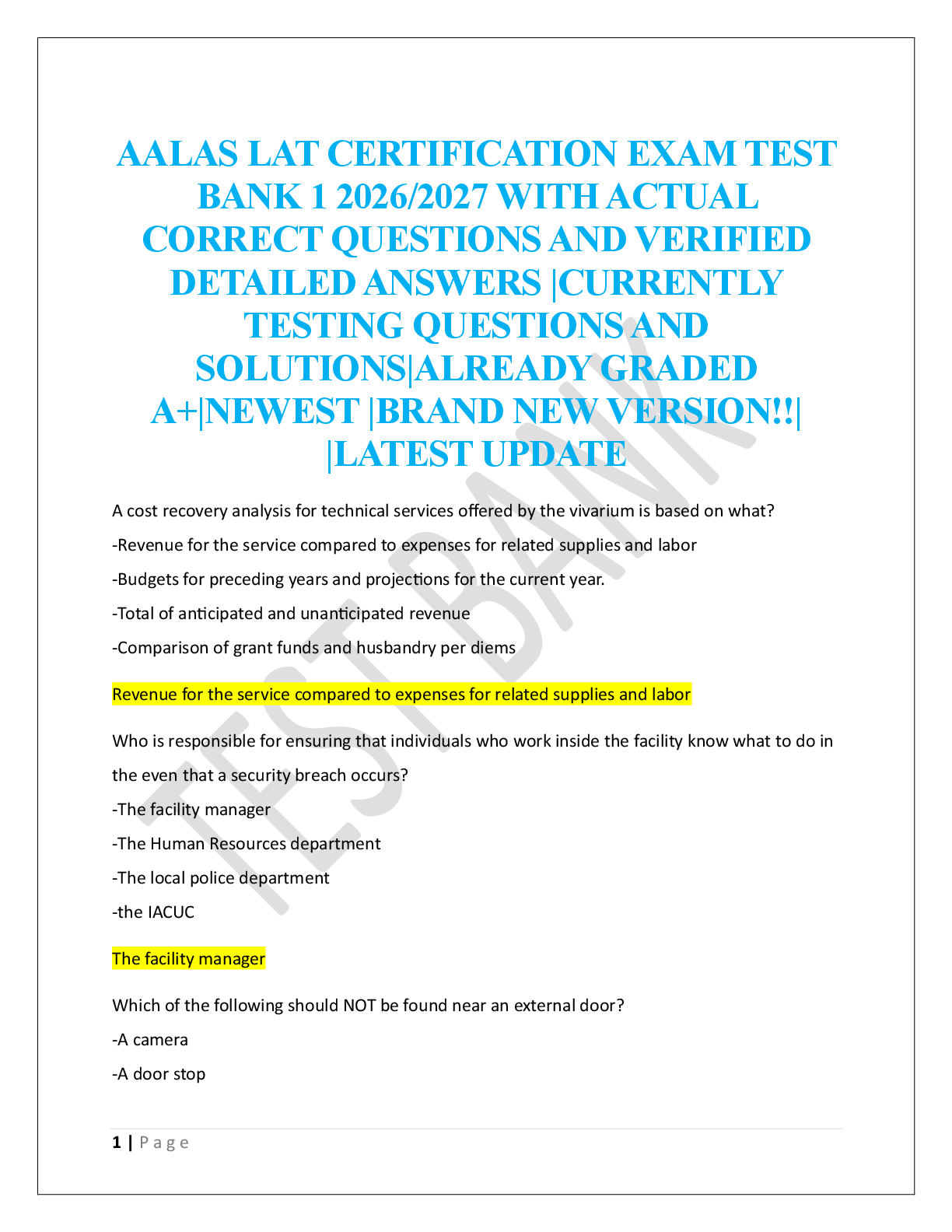 Recommended document preview for AALAS LAT CERTIFICATION EXAM TEST  BANK 1 2026/2027