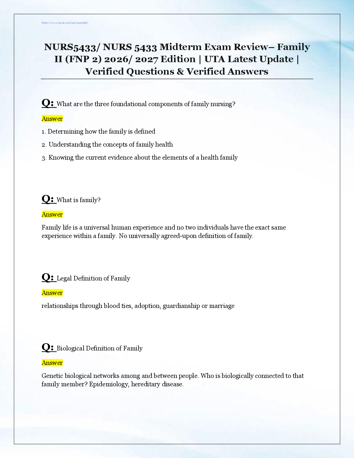 Recommended document preview for NURS5433/ NURS 5433 Midterm Exam Review– Family  II (FNP 2) 2026/ 2027 Edition | UTA Latest Update |  Verified Questions & Verified Answers