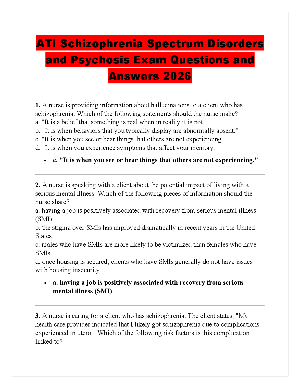 Recommended document preview for ATI Schizophrenia Spectrum Disorders  and Psychosis Exam Questions and  Answers 2026