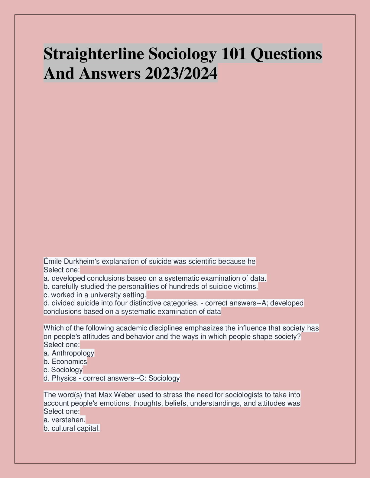 Preview of Straighterline Sociology 101 Questions  And Answers 2023/2024