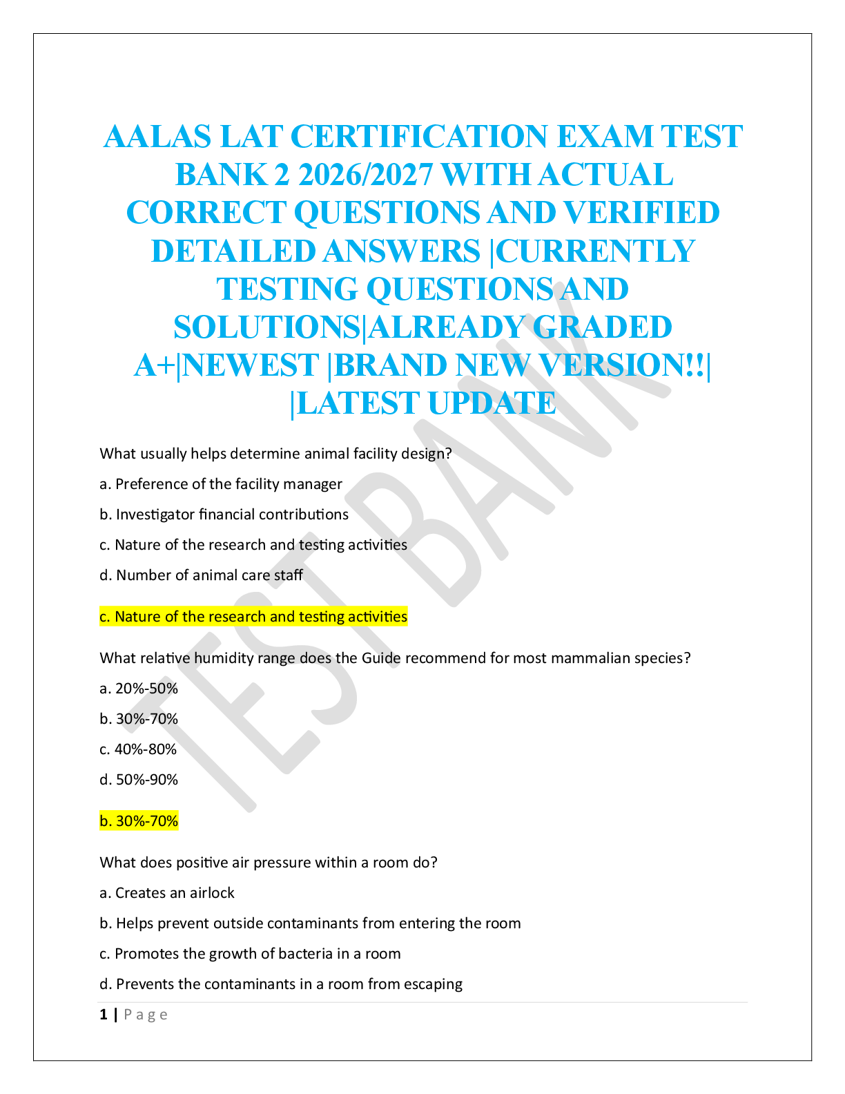Recommended document preview for AALAS LAT CERTIFICATION EXAM TEST  BANK 2 2026/2027
