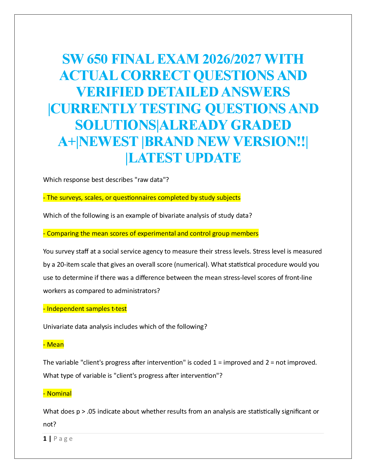 SW 650 FINAL EXAM 2026/2027