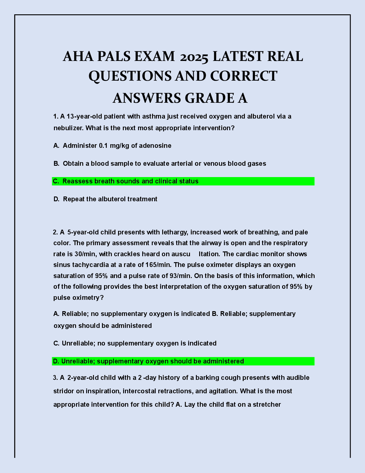 Recommended document preview for AHA PALS EXAM   2025  LATEST REAL   QUESTIONS AND CORRECT   ANSWERS GRADE A