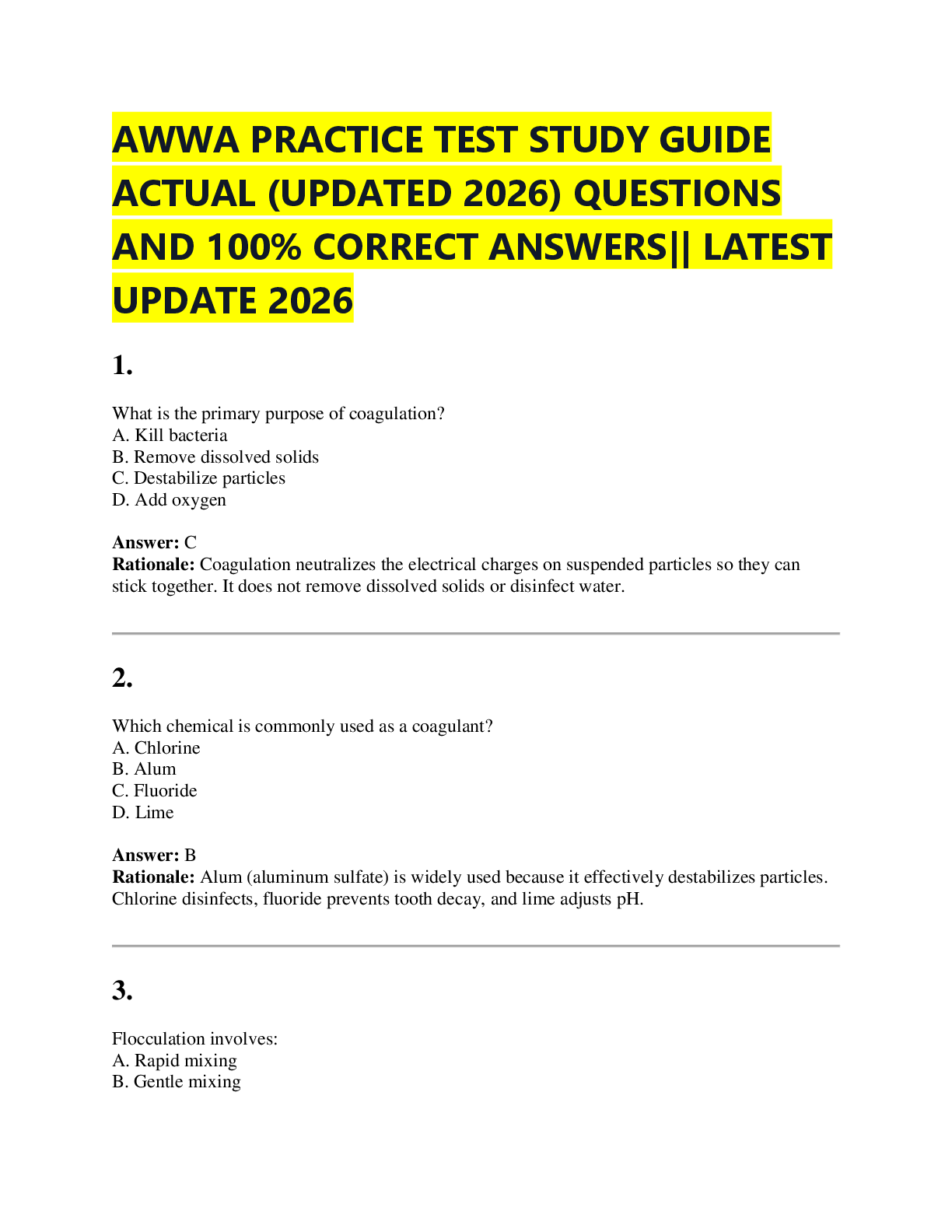 Recommended document preview for AWWA PRACTICE TEST STUDY GUIDE  ACTUAL (UPDATED 2026) QUESTIONS  AND 100% CORRECT ANSWERS|| LATEST  UPDATE 2026