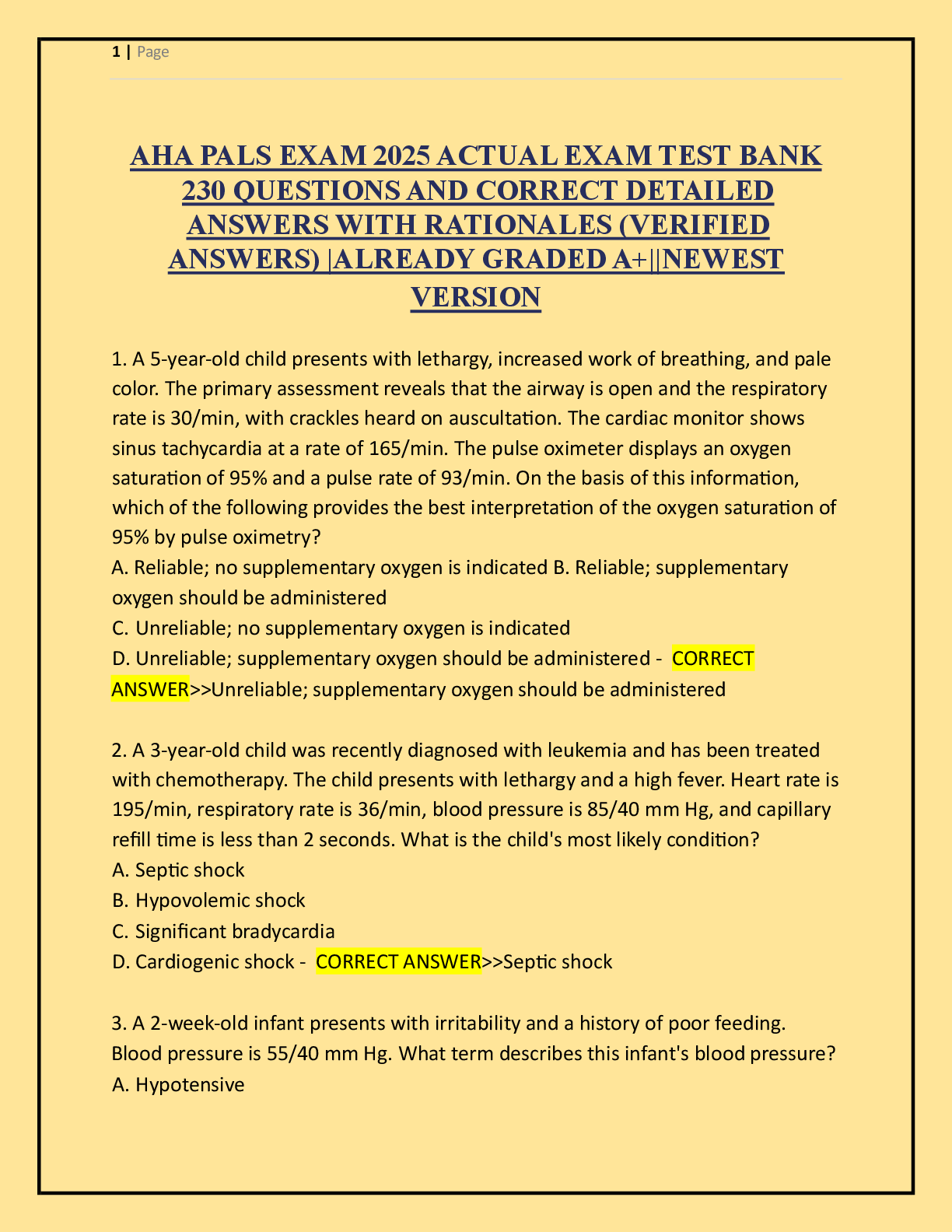 Recommended document preview for AHA PALS EXAM 2025 ACTUAL EXAM TEST BANK  230 QUESTIONS AND CORRECT DETAILED  ANSWERS WITH RATIONALES (VERIFIED   ANSWERS) |ALREADY GRADED A+||NEWEST   VERSION