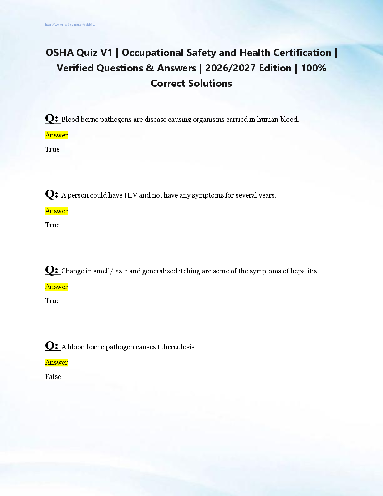 Recommended document preview for OSHA Quiz V1 | Occupational Safety and Health Certification |  Verified Questions & Answers | 2026/2027 Edition | 100%  Correct Solutions